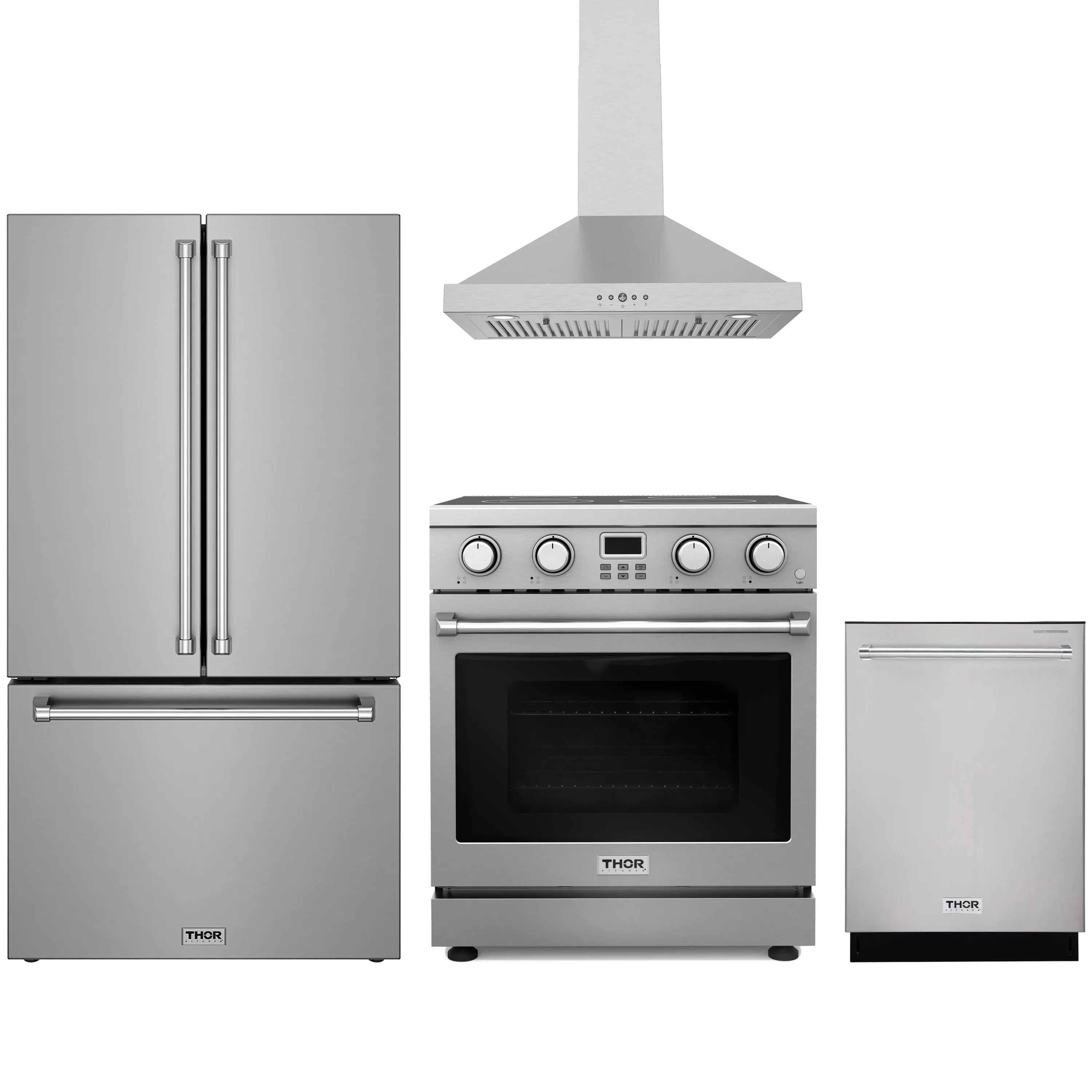 Stainless steel electric range with wall hood, side-by-side refrigerator and dishwasher