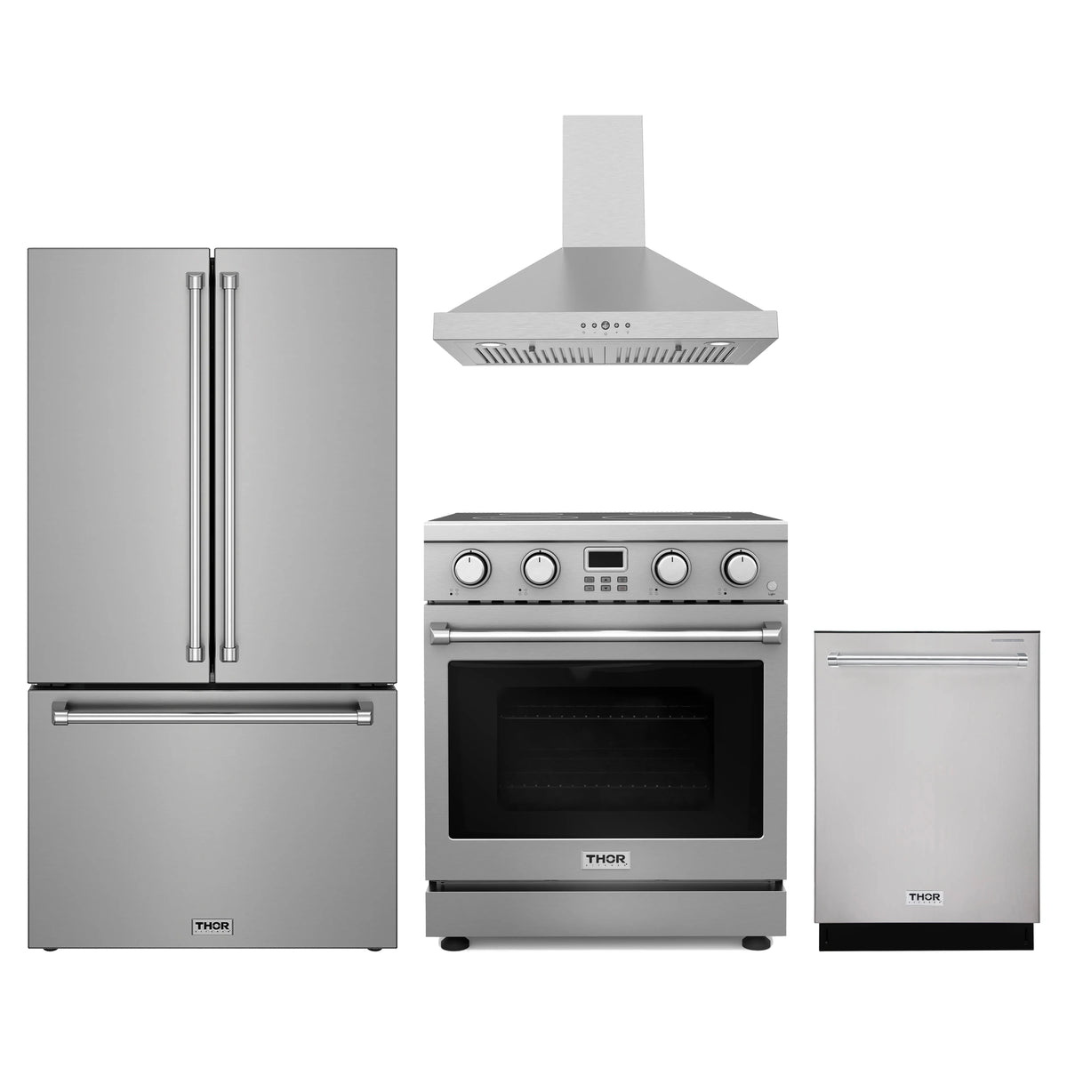 Thor Kitchen 4-Piece Appliance Package - 30-Inch Electric Range, Counter-Depth Refrigerator, Wall Mount Hood, & Dishwasher in Stainless Steel
