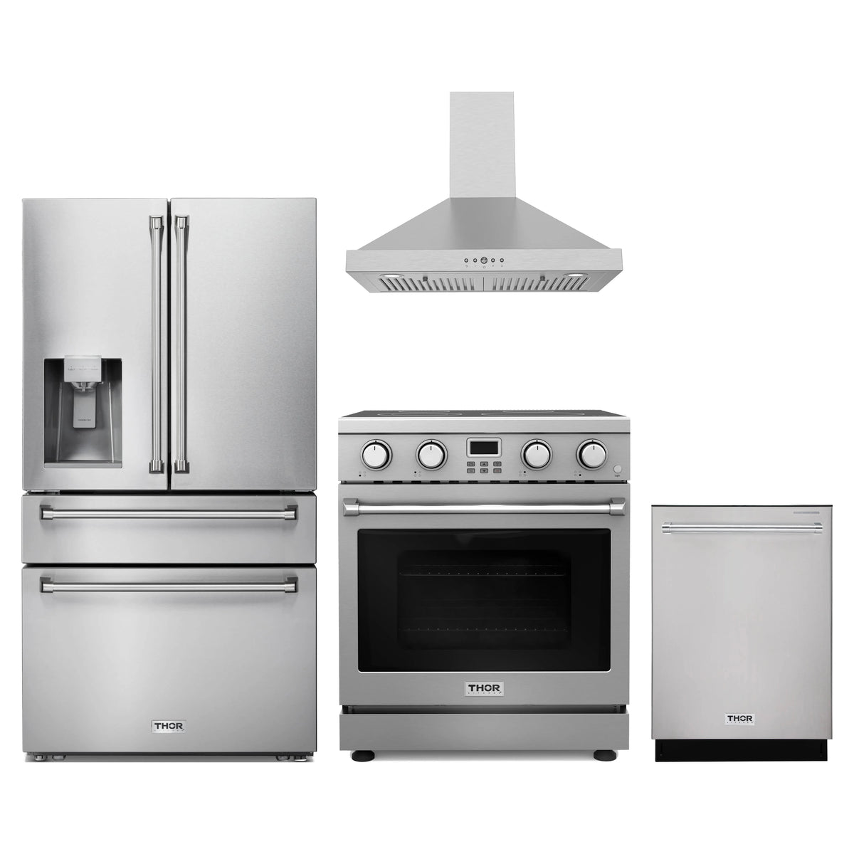 Thor Kitchen 4-Piece Appliance Package - 30-Inch Electric Range, Refrigerator with Water Dispenser, Wall Mount Hood, & Dishwasher in Stainless Steel