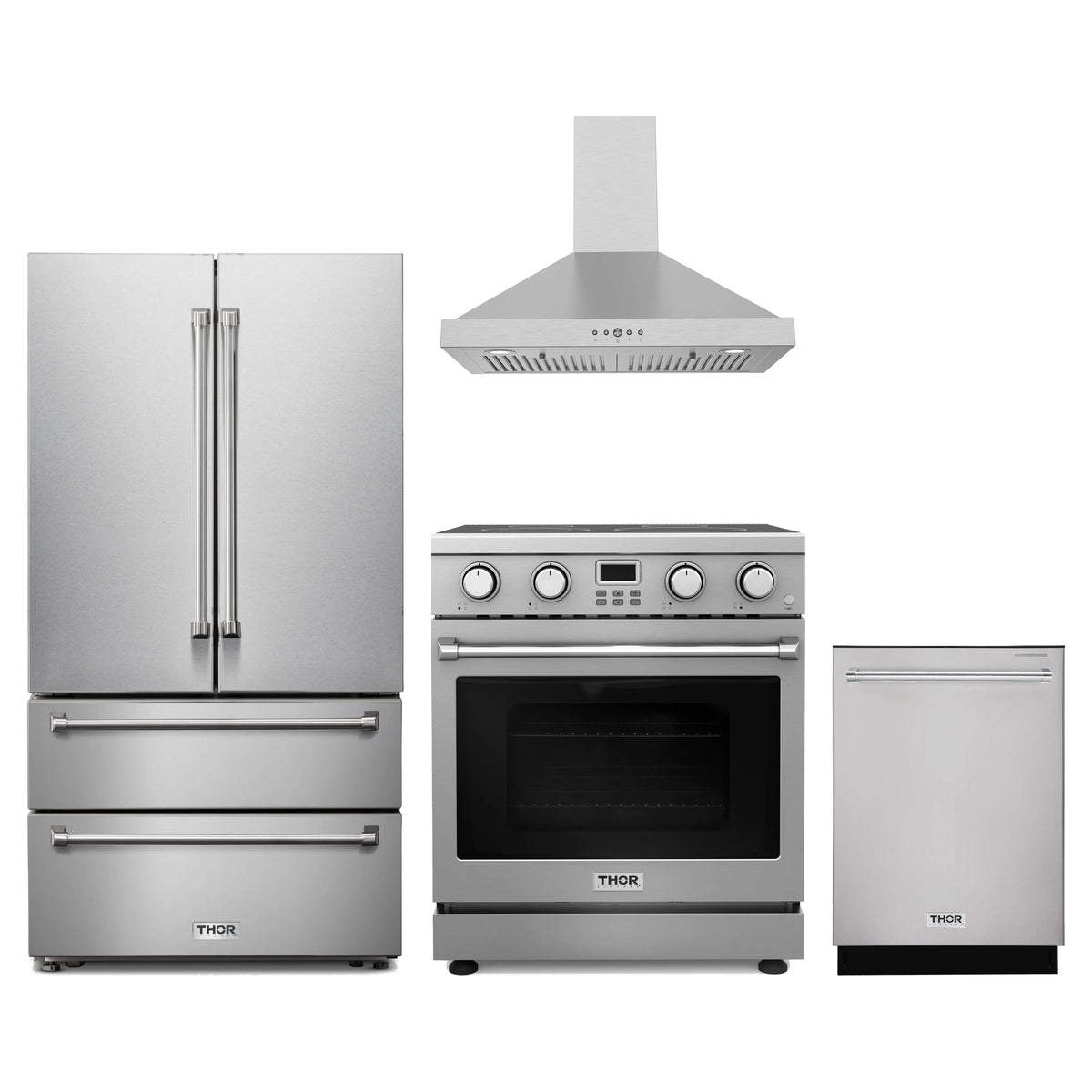 Thor Kitchen 4-Piece Appliance Package - 30-Inch Electric Range, French Door Refrigerator, Wall Mount Hood, & Dishwasher in Stainless Steel