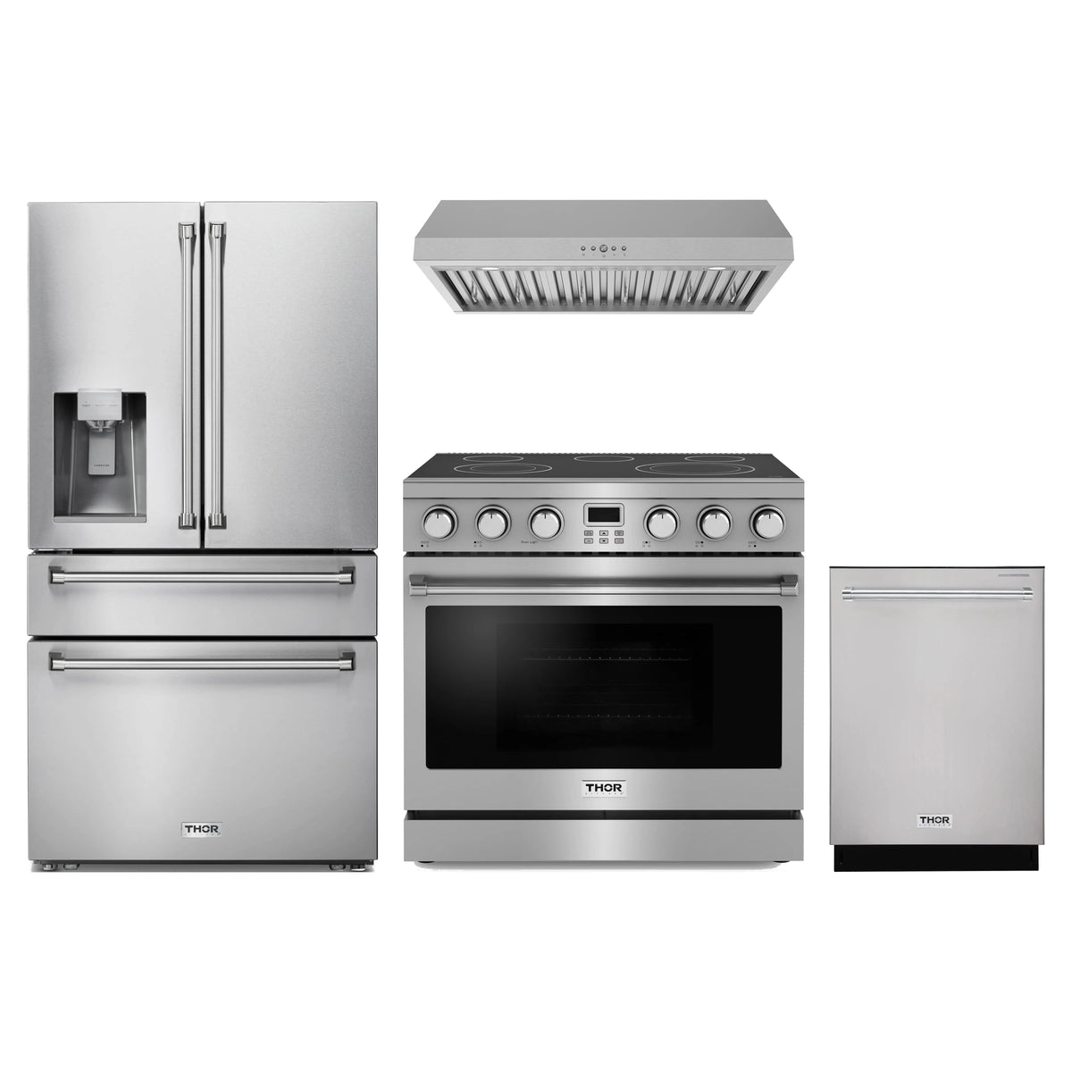 Thor Kitchen 4-Piece Appliance Package - 36-Inch Electric Range, Refrigerator with Water Dispenser, Under Cabinet Hood, & Dishwasher in Stainless Steel