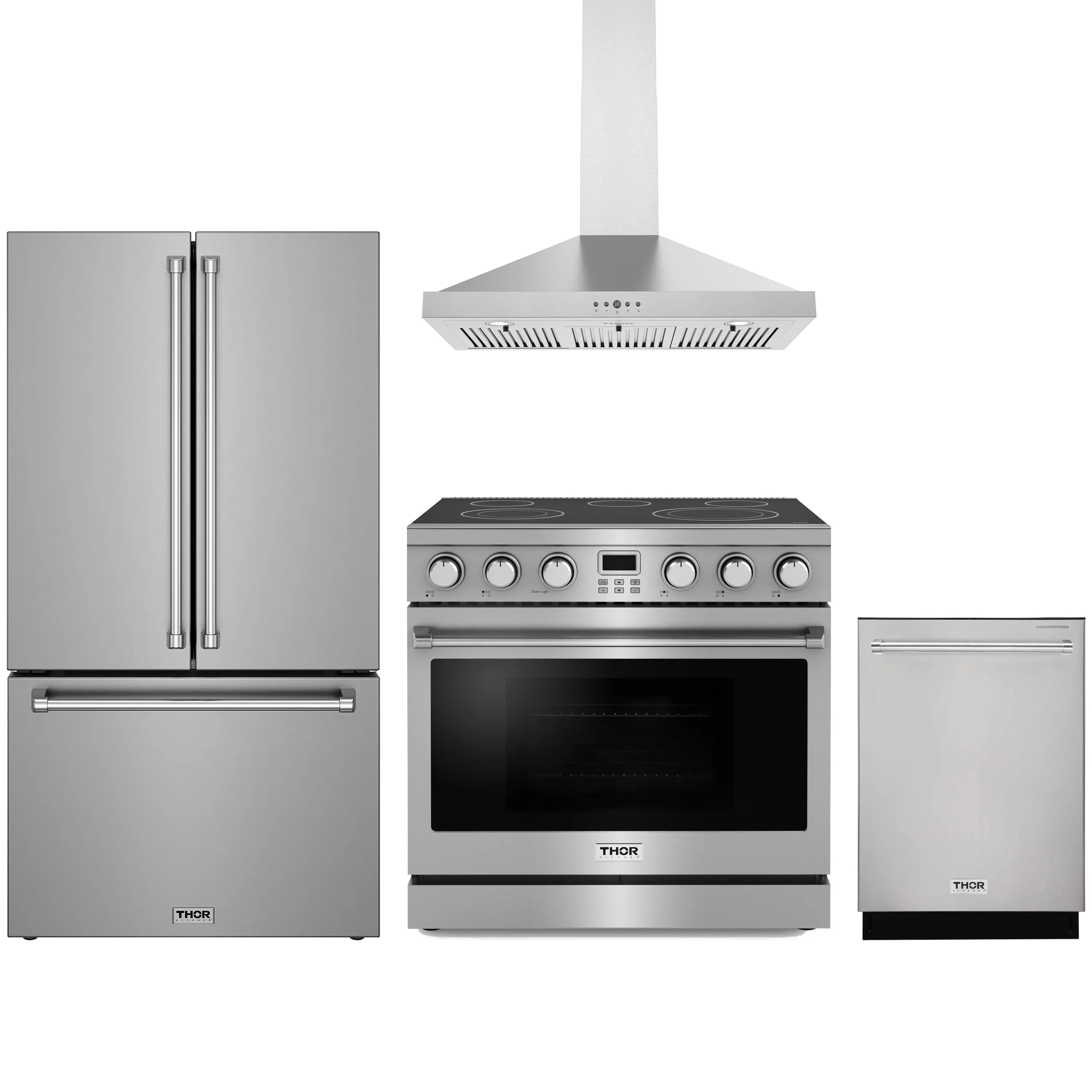 Stainless steel 4-piece appliance package: electric range, hood, refrigerator, dishwasher