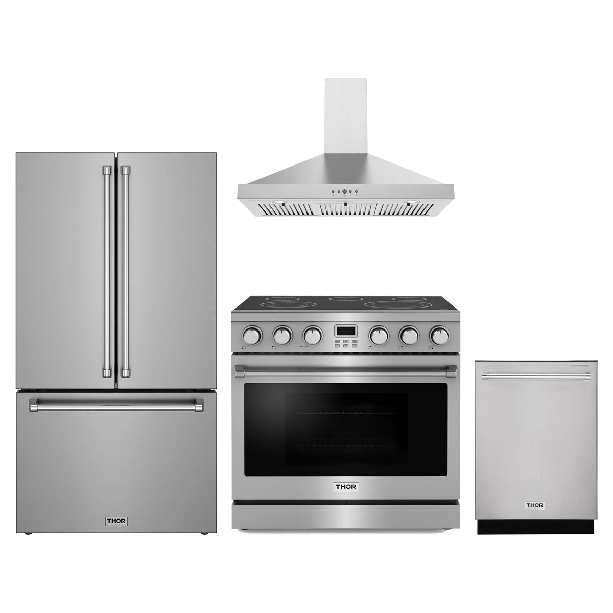 Thor Kitchen 4-Piece Appliance Package - 36-Inch Electric Range, Counter-Depth Refrigerator, Wall Mount Hood, & Dishwasher in Stainless Steel