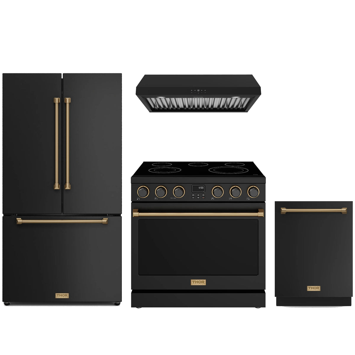Black Thor Kitchen appliance package with 36-inch electric range, under cabinet range hood, counter-depth refrigerator, dishwasher
