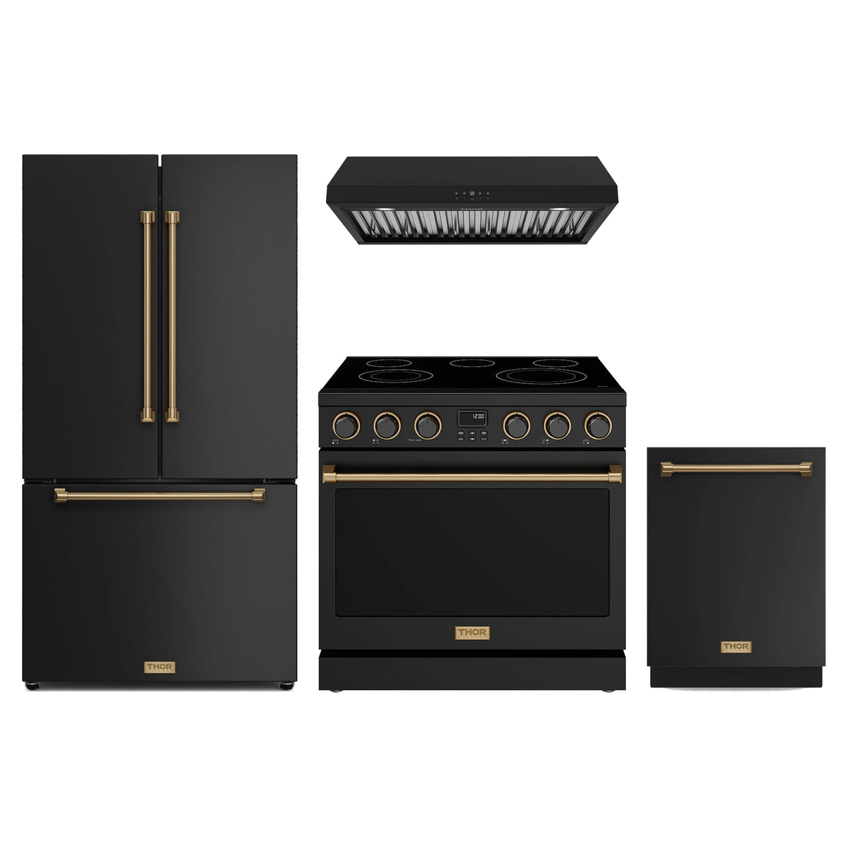 Thor Kitchen 4-Piece Appliance Package - 36-Inch Electric Range, Counter-Depth Refrigerator, Under Cabinet Hood, & Dishwasher in Black with Bronze Trim