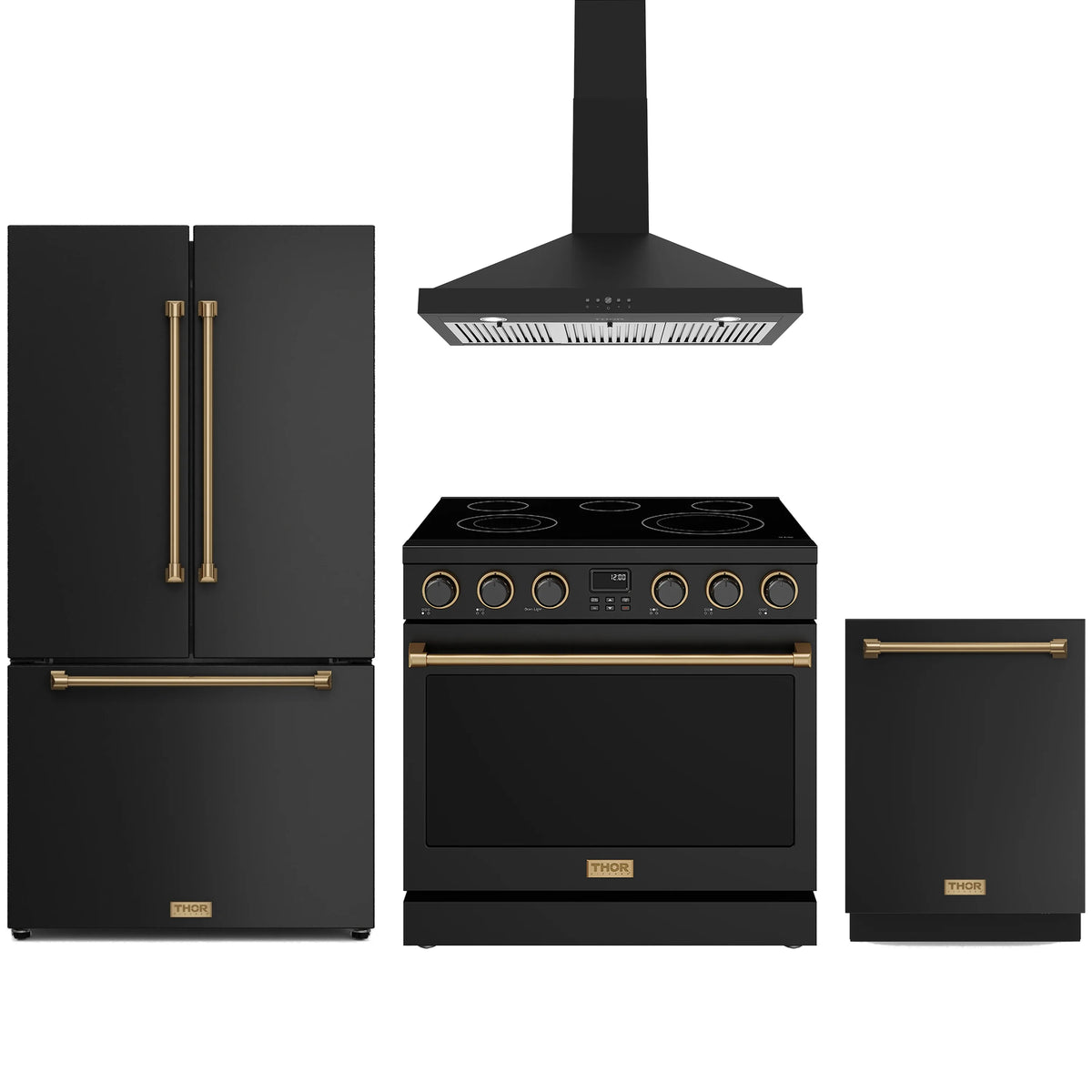 Black Thor Kitchen appliance package with 36-inch electric range, wall mount range hood, counter-depth refrigerator, dishwasher