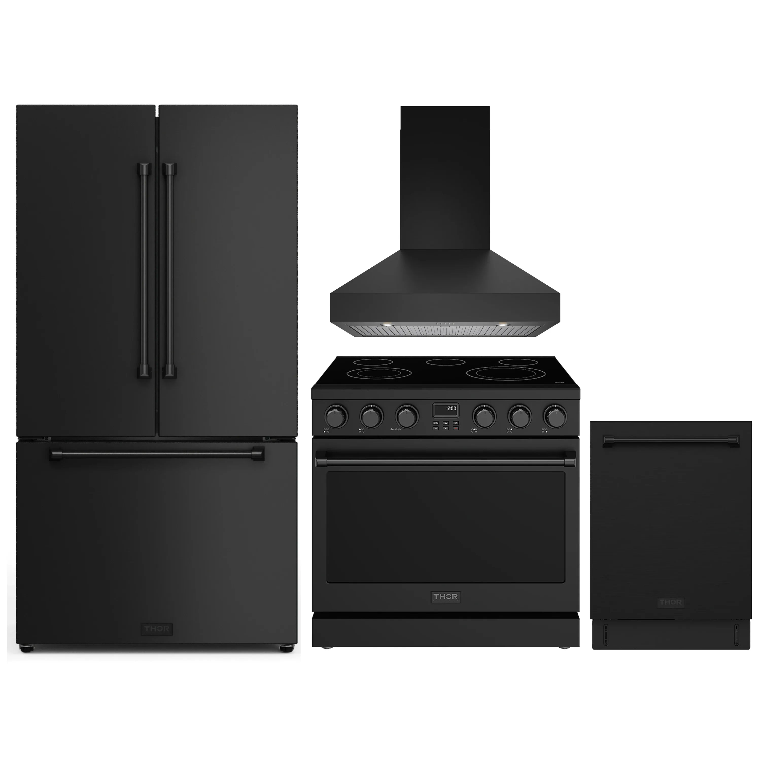 Black kitchen appliance set with refrigerator, electric range with hood, and dishwasher