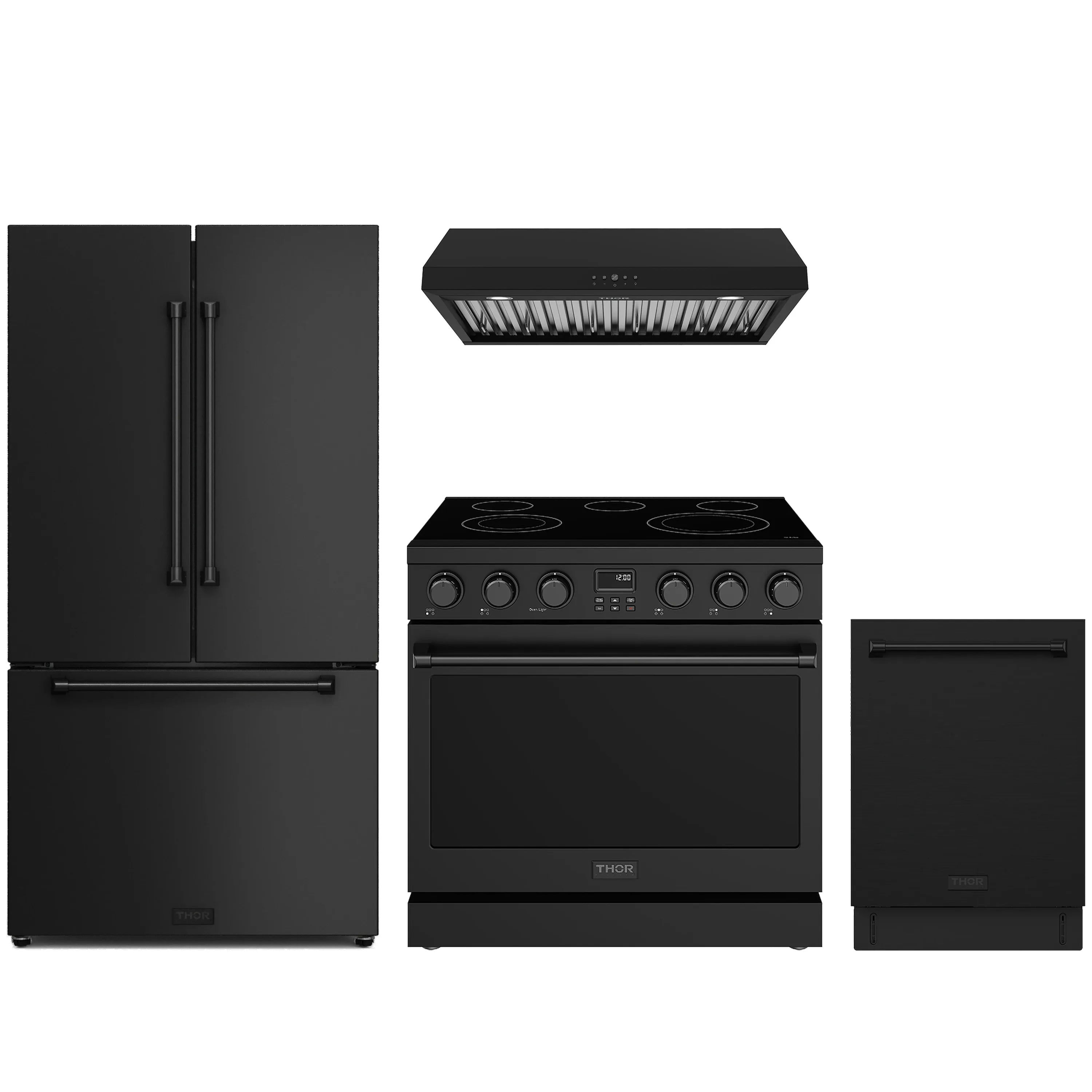 Black 4-piece appliance package with electric range, under-cabinet hood, refrigerator, dishwasher