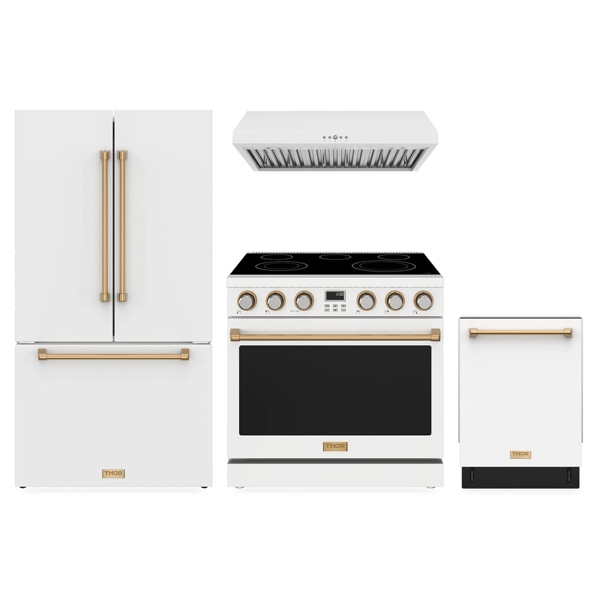 Thor Kitchen 4-Piece Appliance Package - 36-Inch Electric Range, Counter-Depth Refrigerator, Under Cabinet Hood, & Dishwasher in White with Bronze Trim