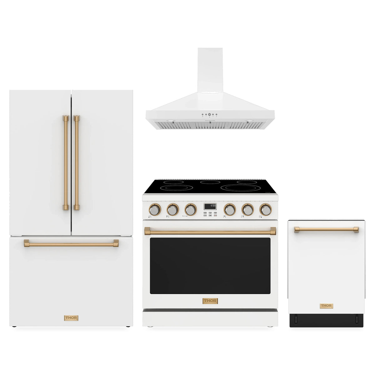 Thor Kitchen 4-Piece Appliance Package - 36-Inch Electric Range, Counter-Depth Refrigerator, Wall Mount Hood, & Dishwasher in White with Bronze Trim
