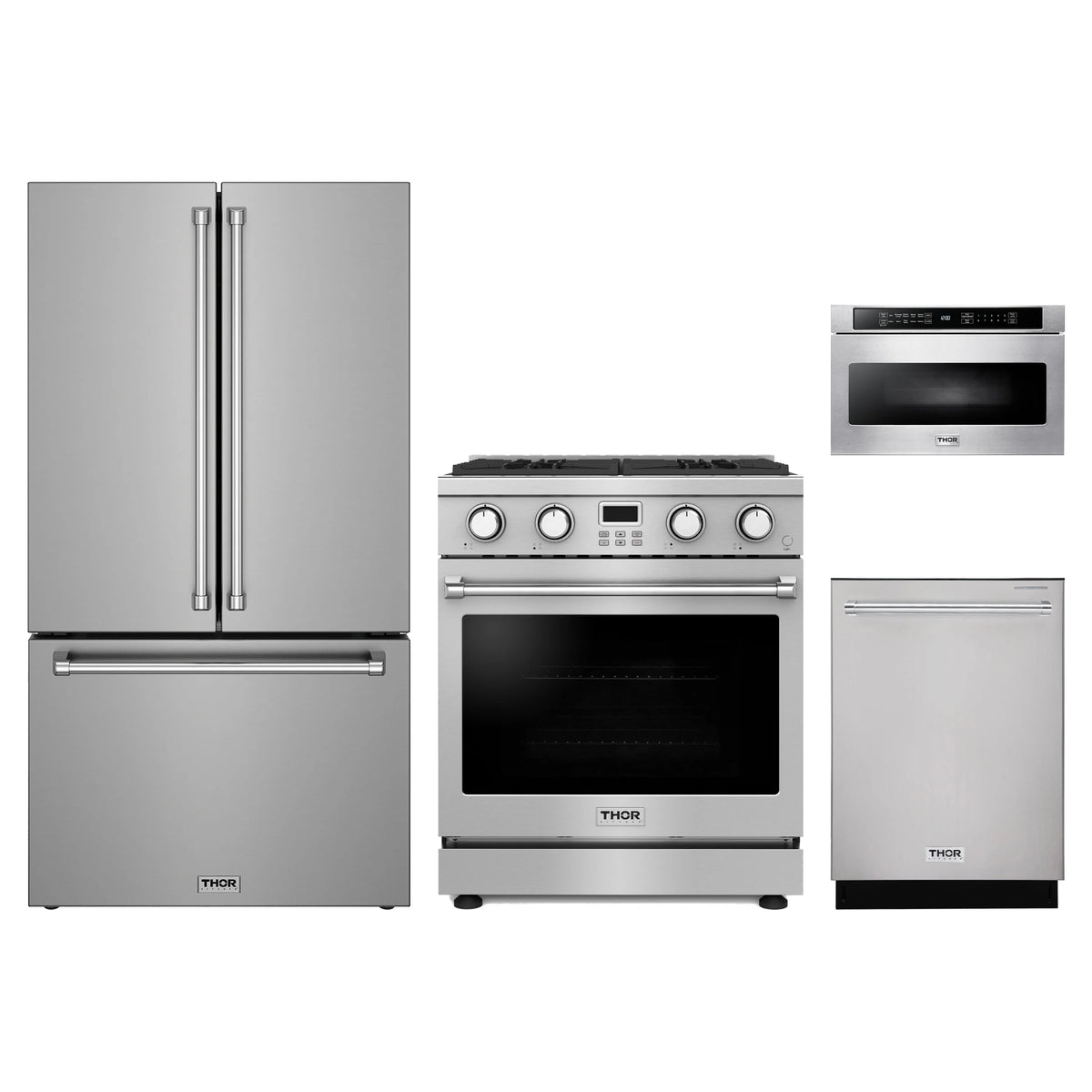 Thor Kitchen 4-Piece Appliance Package - 30-Inch Natural Gas Range, Counter-Depth Refrigerator, Dishwasher, & Microwave Drawer in Stainless Steel