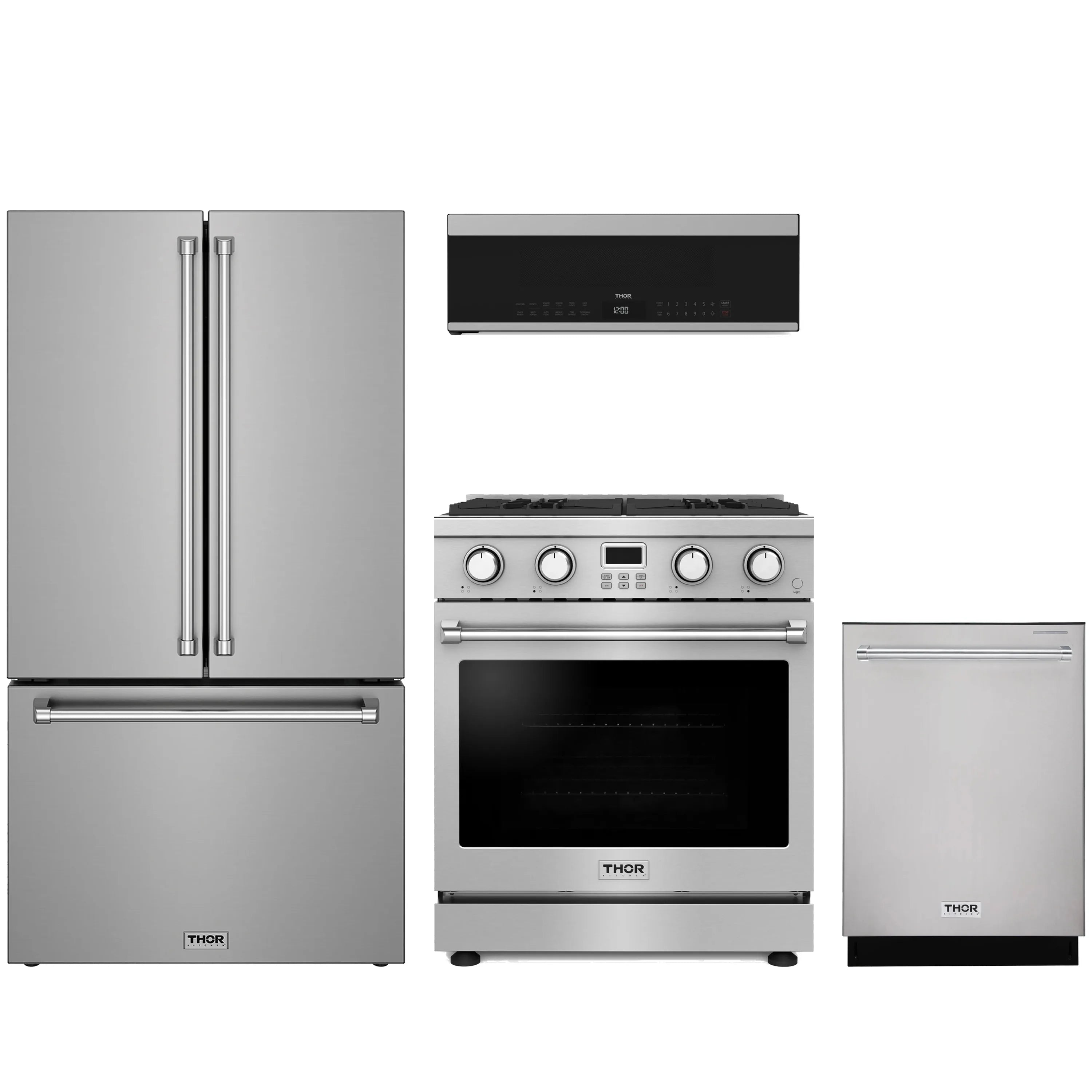 Thor stainless steel 4-piece appliance package: range, refrigerator, dishwasher, microwave