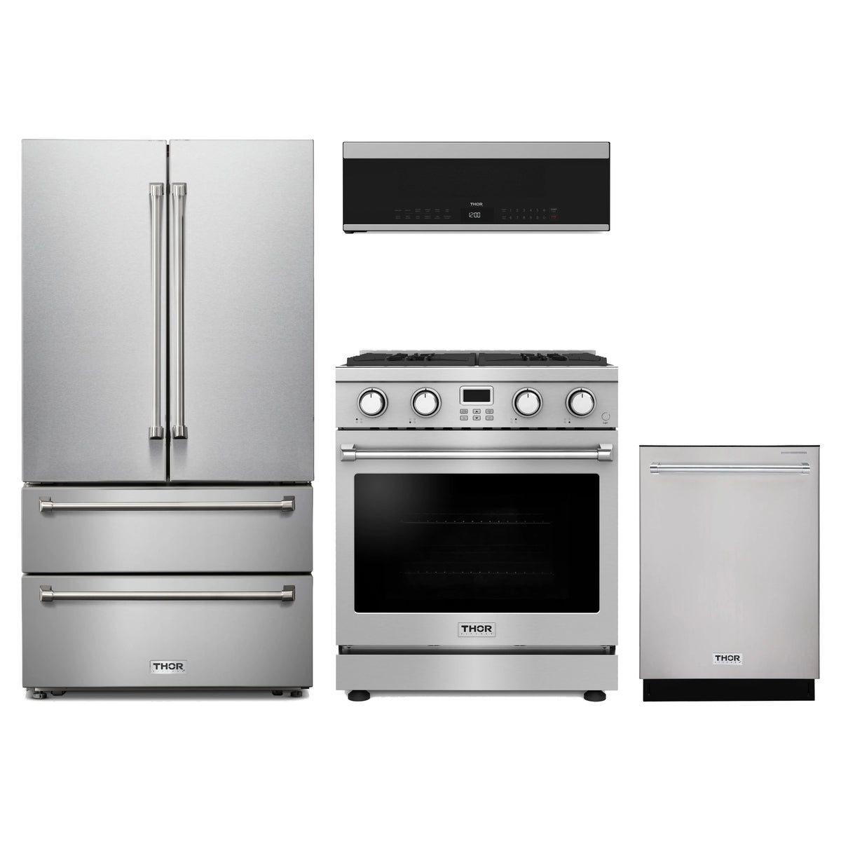 Thor Kitchen 4-Piece Appliance Package - 30-Inch Natural Gas Range, French Door Refrigerator, Dishwasher, & Over-the-Range Microwave in Stainless Steel