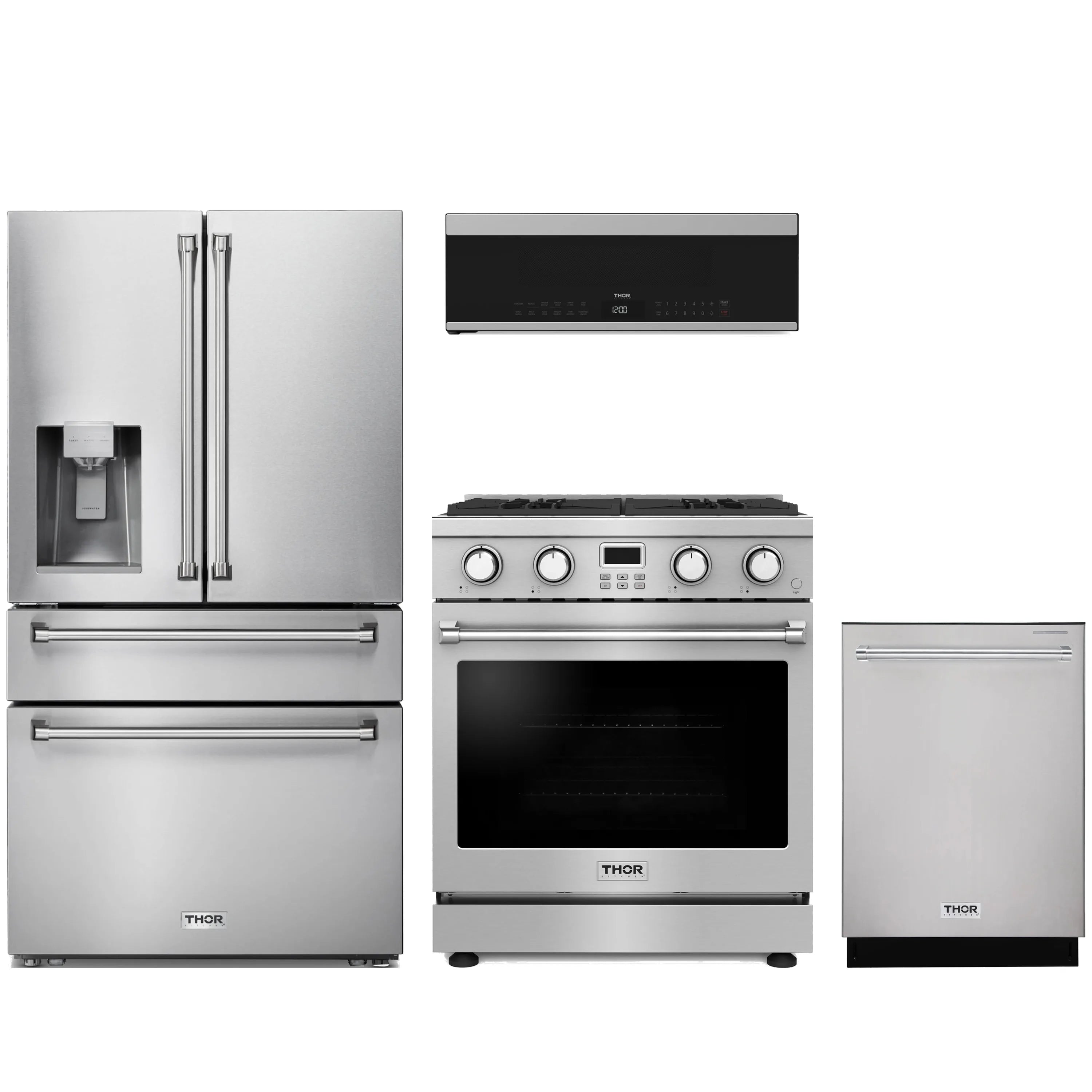 Stainless steel 4-piece appliance package with range, refrigerator, dishwasher, and microwave