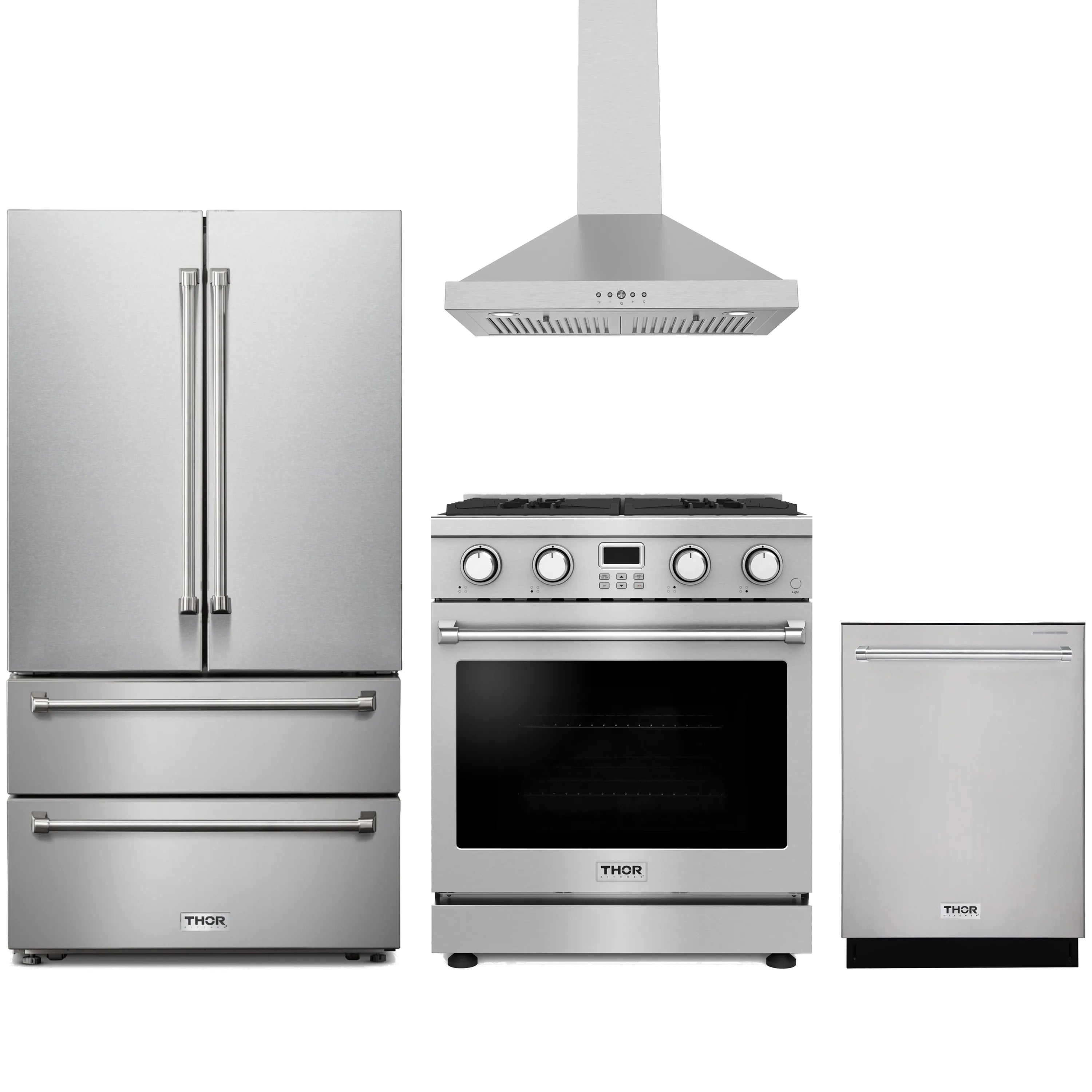 Stainless steel Thor Kitchen appliance package with 30-inch range, range hood, french door refrigerator, dishwasher