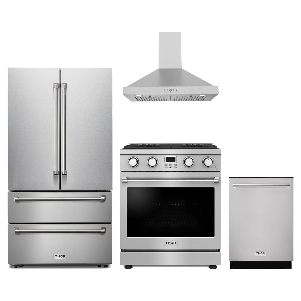 Thor Kitchen 4-Piece Appliance Package - 30-Inch Natural Gas Range, French Door Refrigerator, Wall Mount Hood, & Dishwasher in Stainless Steel