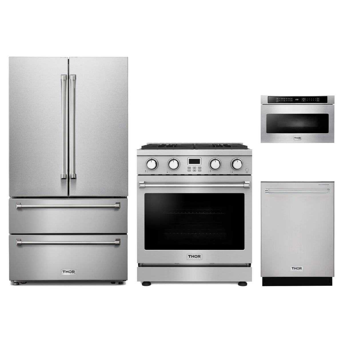 Thor Kitchen 4-Piece Appliance Package - 30-Inch Propane Gas Range, French Door Refrigerator, Dishwasher, & Microwave Drawer in Stainless Steel