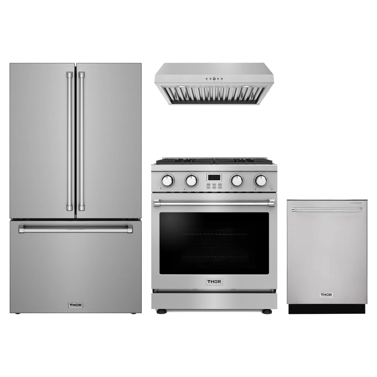 Thor Kitchen 4-Piece Appliance Package - 30-Inch Propane Gas Range, Counter-Depth Refrigerator, Under Cabinet Hood, & Dishwasher in Stainless Steel