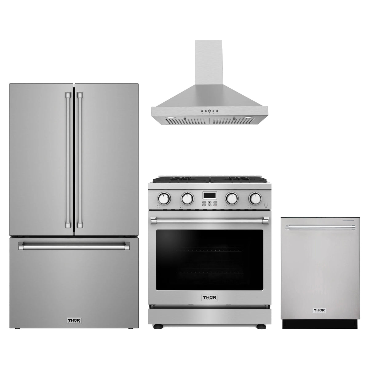 Thor Kitchen 4-Piece Appliance Package - 30-Inch Propane Gas Range, Counter-Depth Refrigerator, Wall Mount Hood, & Dishwasher in Stainless Steel