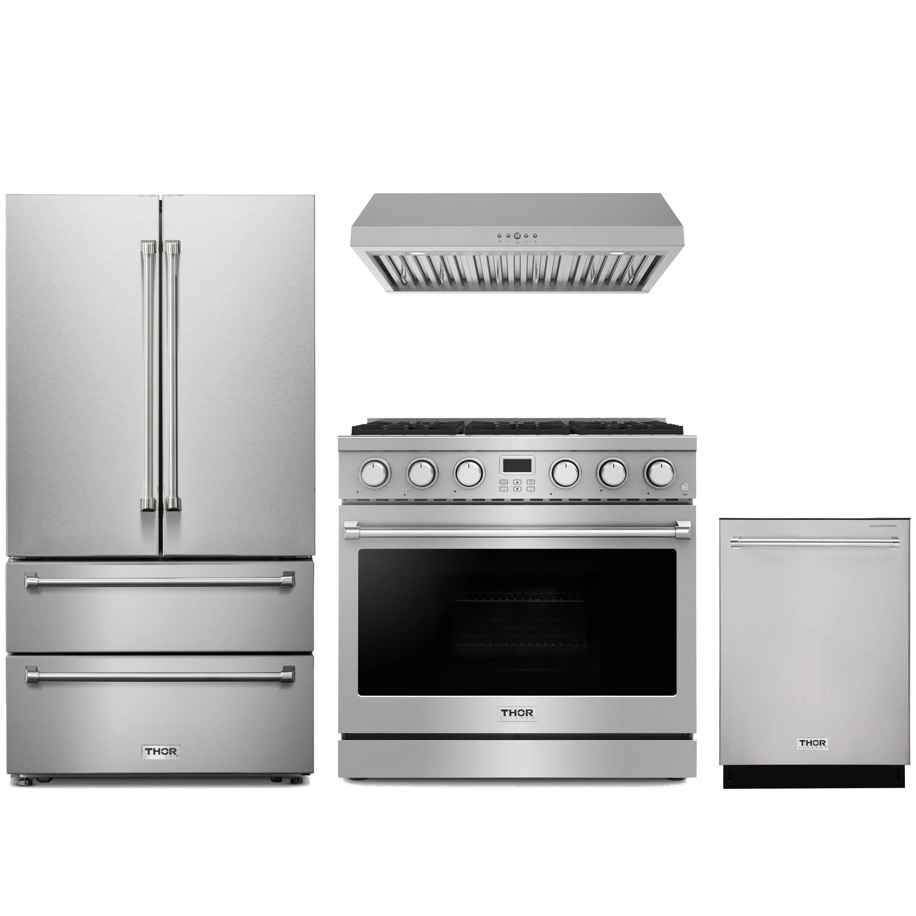 Stainless steel appliance package with French-door refrigerator, gas range, hood, and dishwasher