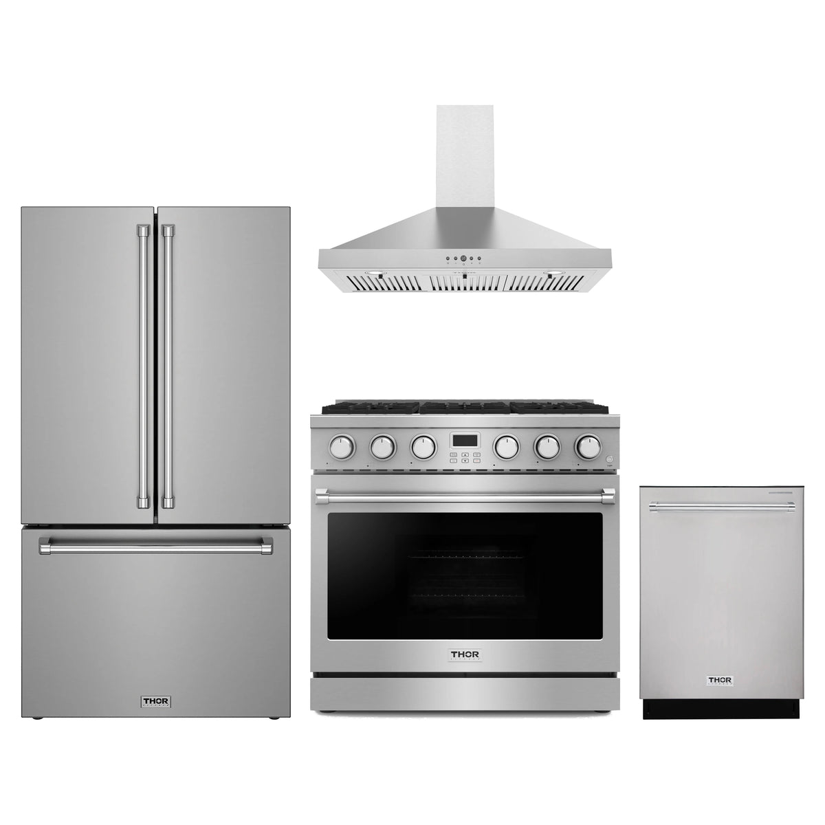 Thor Kitchen 4-Piece Appliance Package - 36-Inch Natural Gas Range, Counter-Depth Refrigerator, Wall Mount Hood, & Dishwasher in Stainless Steel