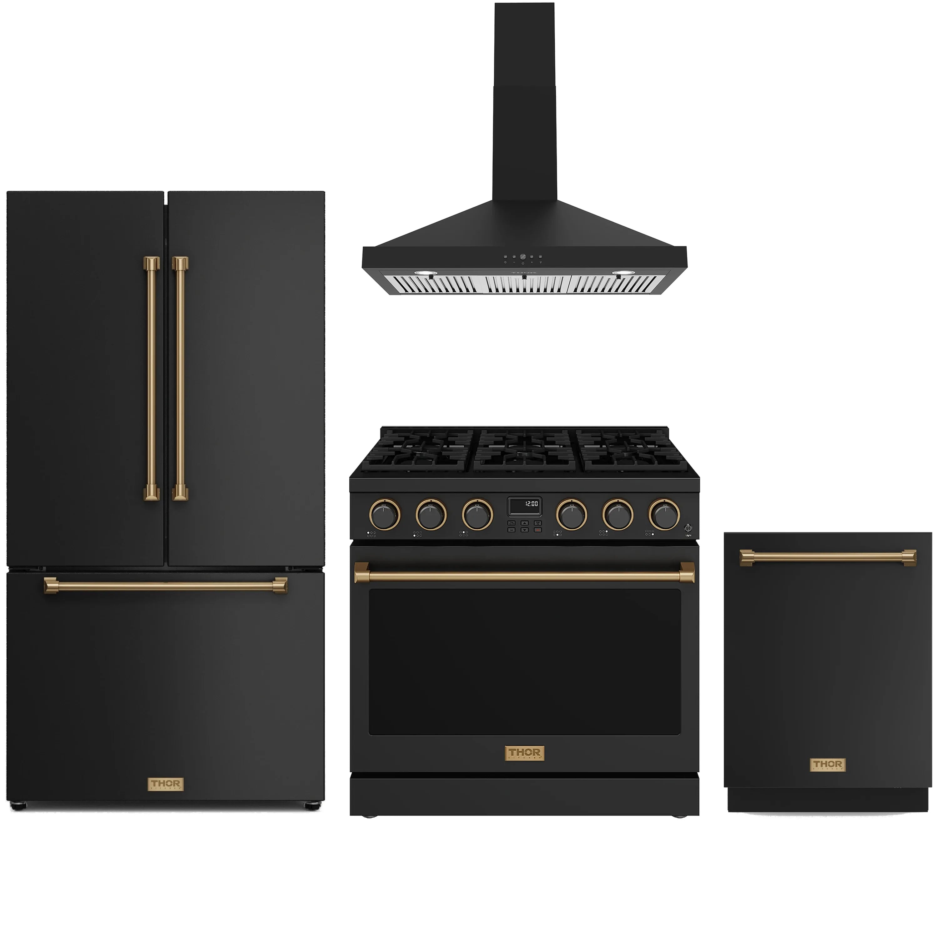 Black 4-piece appliance package: gas range, wall hood, and counter-depth refrigerator