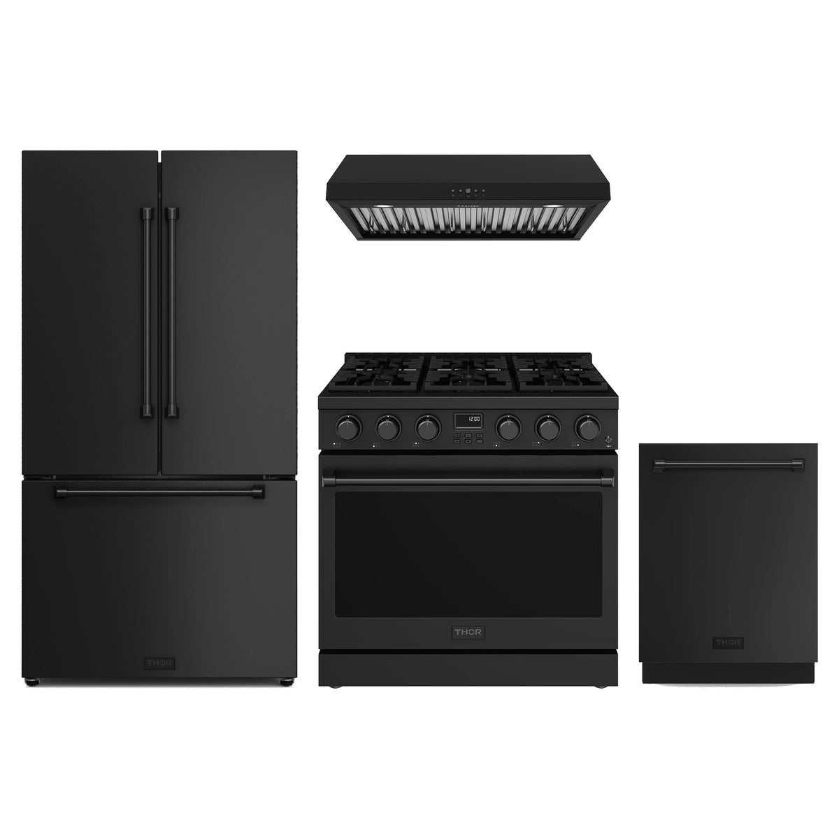 Thor Kitchen 4-Piece Appliance Package - 36-Inch Propane Gas Range, Counter-Depth Refrigerator, Under Cabinet Hood, & Dishwasher in Black