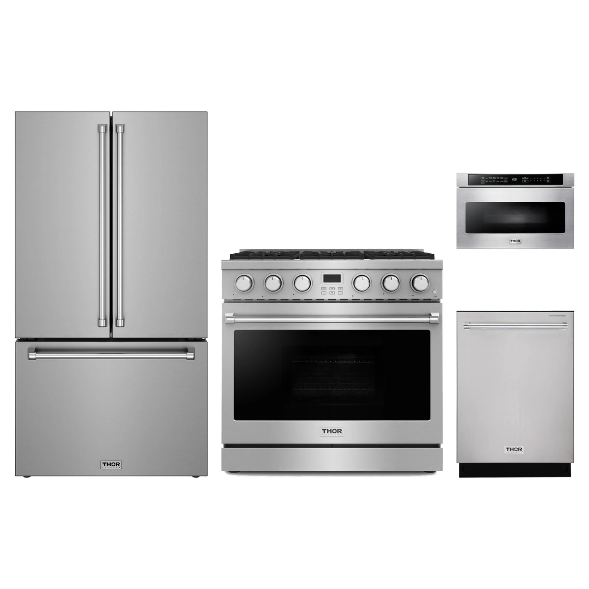 Thor Kitchen 4-Piece Appliance Package - 36-Inch Propane Gas Range, Counter-Depth Refrigerator, Dishwasher, & Microwave Drawer in Stainless Steel