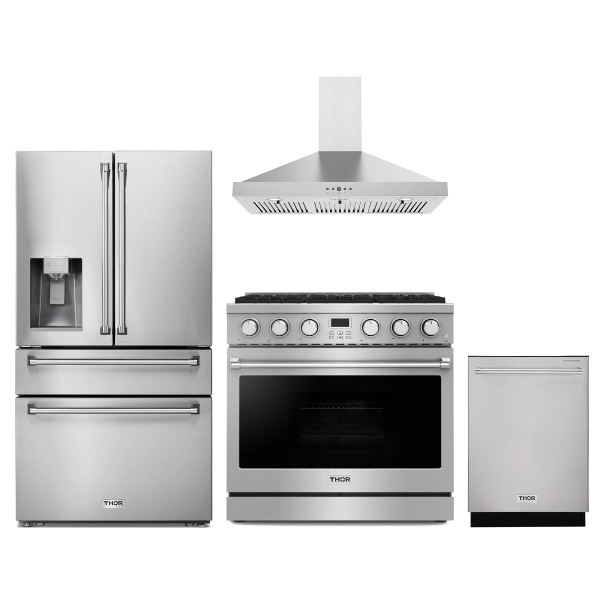 Thor Kitchen 4-Piece Appliance Package - 36-Inch Propane Gas Range, Refrigerator with Water Dispenser, Wall Mount Hood, & Dishwasher in Stainless Steel