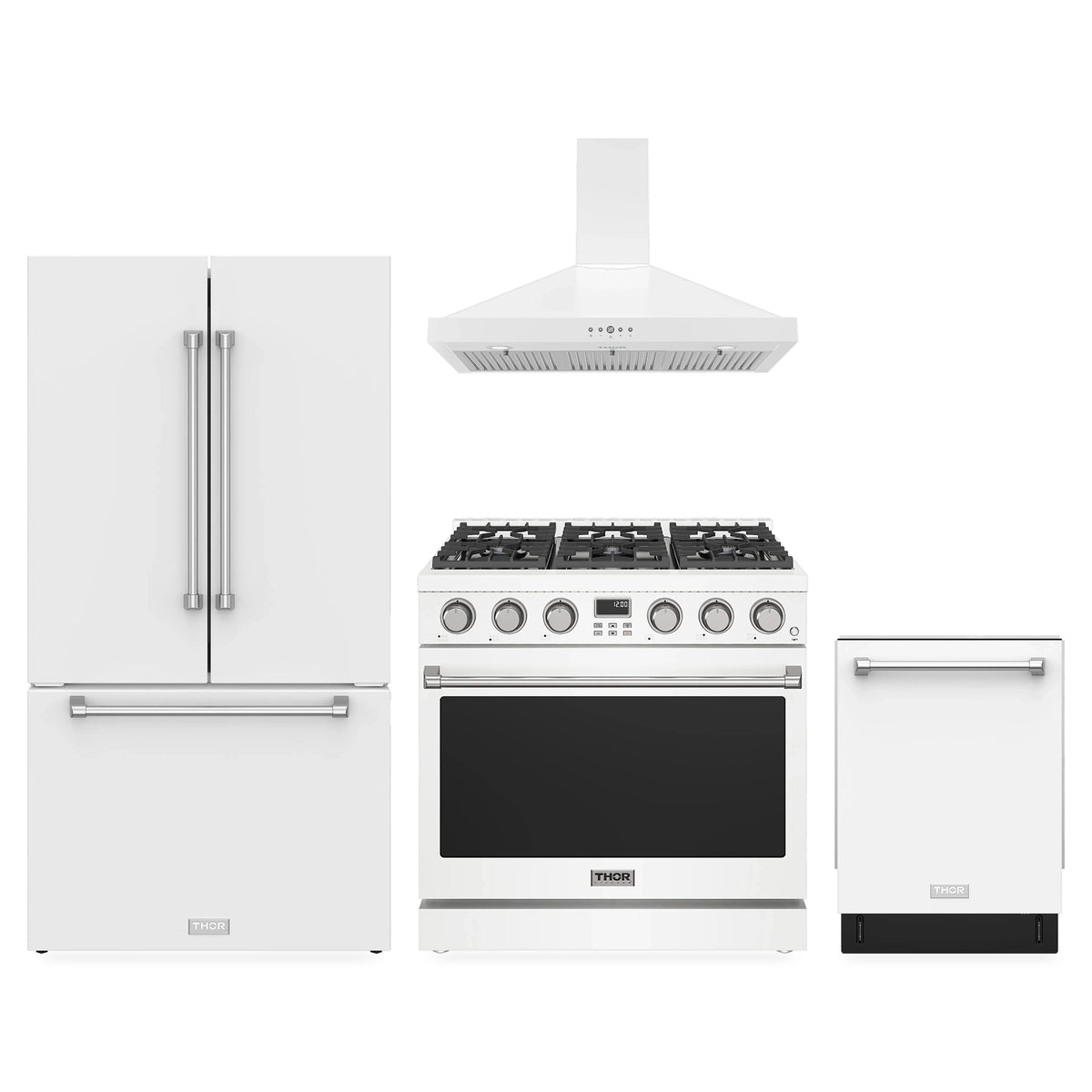 Thor Kitchen 4-Piece Appliance Package - 36-Inch Propane Gas Range, Counter-Depth Refrigerator, Wall Mount Hood, & Dishwasher in White