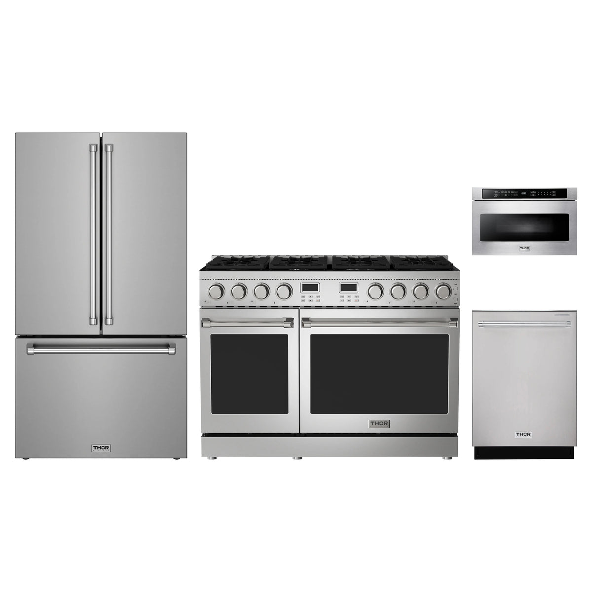 Thor Kitchen 4-Piece Appliance Package - 48-Inch Natural Gas Range, Counter-Depth Refrigerator, Dishwasher, & Microwave Drawer in Stainless Steel