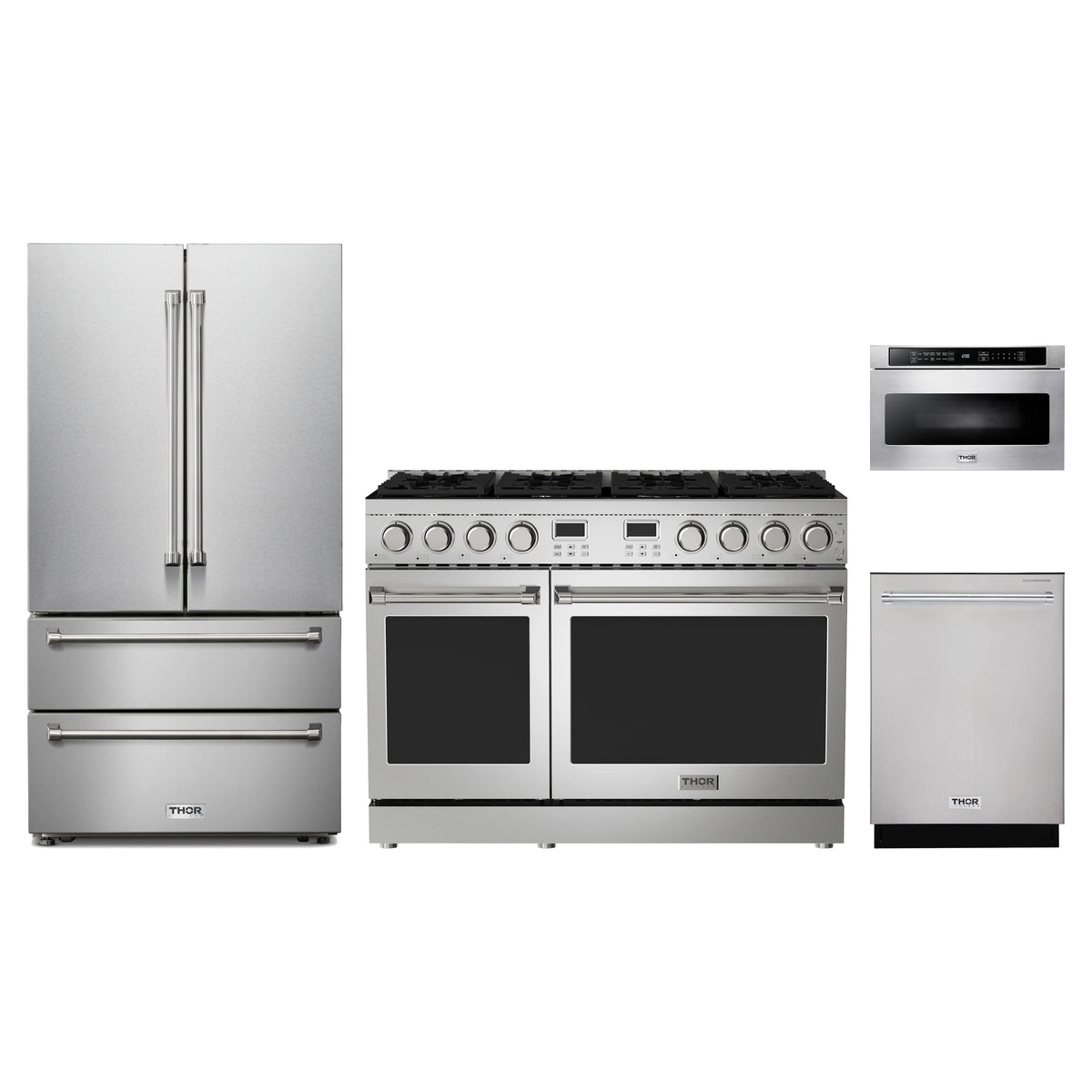 Thor Kitchen 4-Piece Appliance Package - 48-Inch Natural Gas Range, French Door Refrigerator, Dishwasher, & Microwave Drawer in Stainless Steel