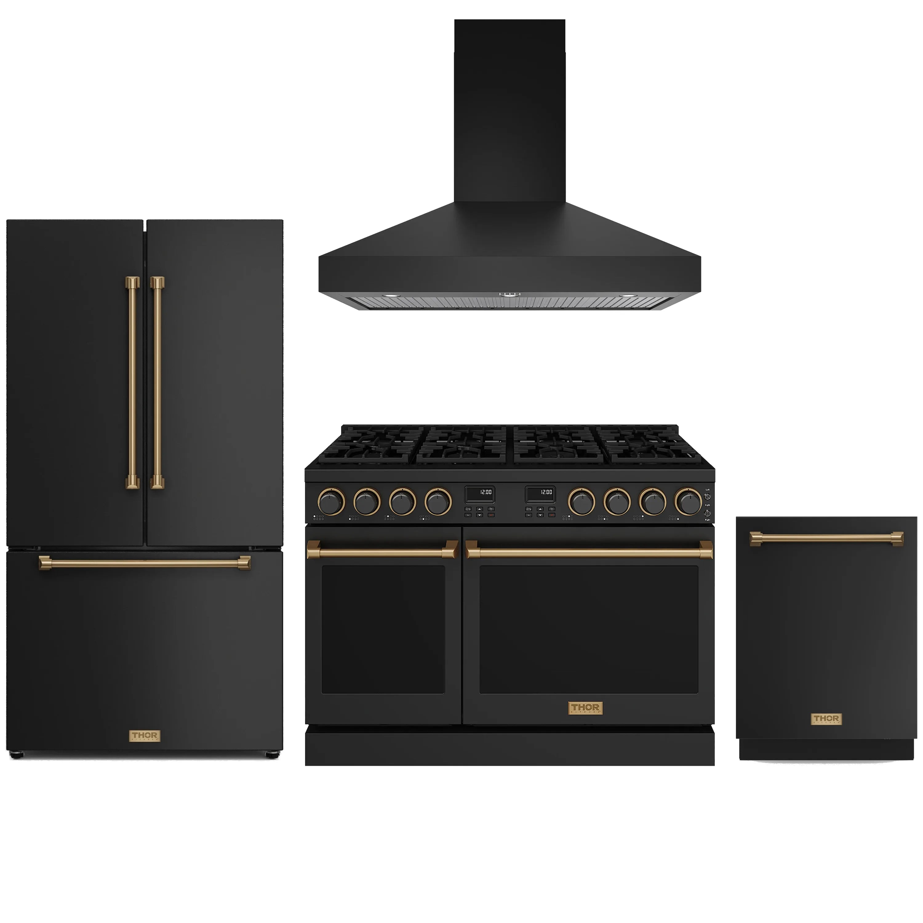 Black appliance package with bronze-trim propane gas range, wall hood, refrigerator, and dishwasher