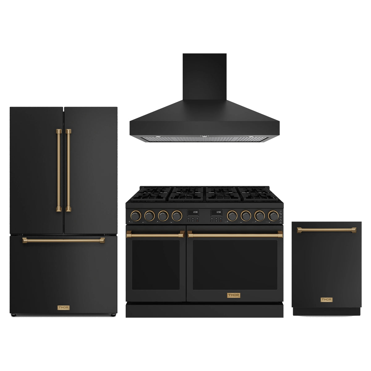 Thor Kitchen 4-Piece Appliance Package - 48-Inch Natural Gas Range, Counter-Depth Refrigerator, Wall Mount Hood, & Dishwasher in Black with Bronze Trim
