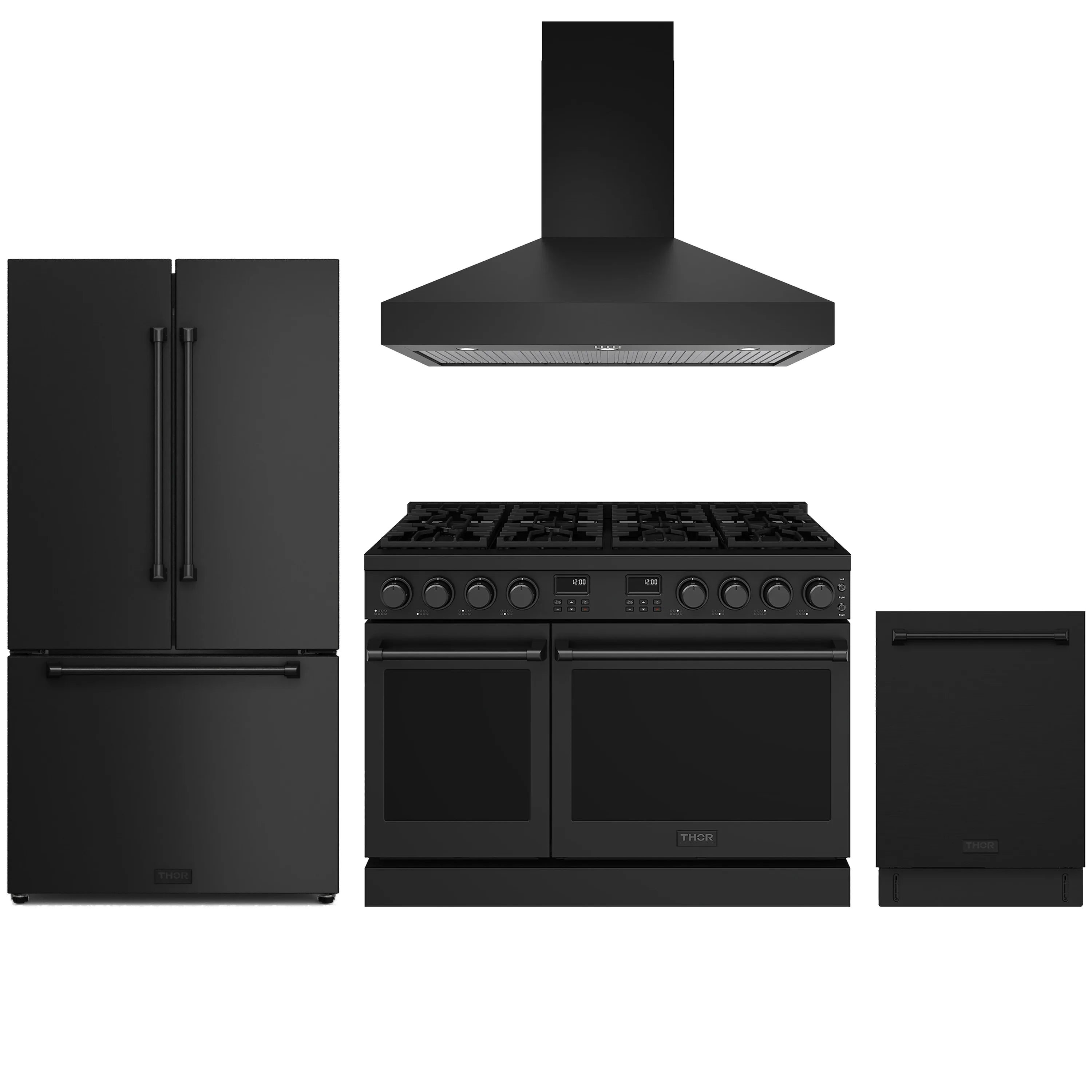 Black kitchen appliance package with French door refrigerator, gas range, wall hood, and dishwasher