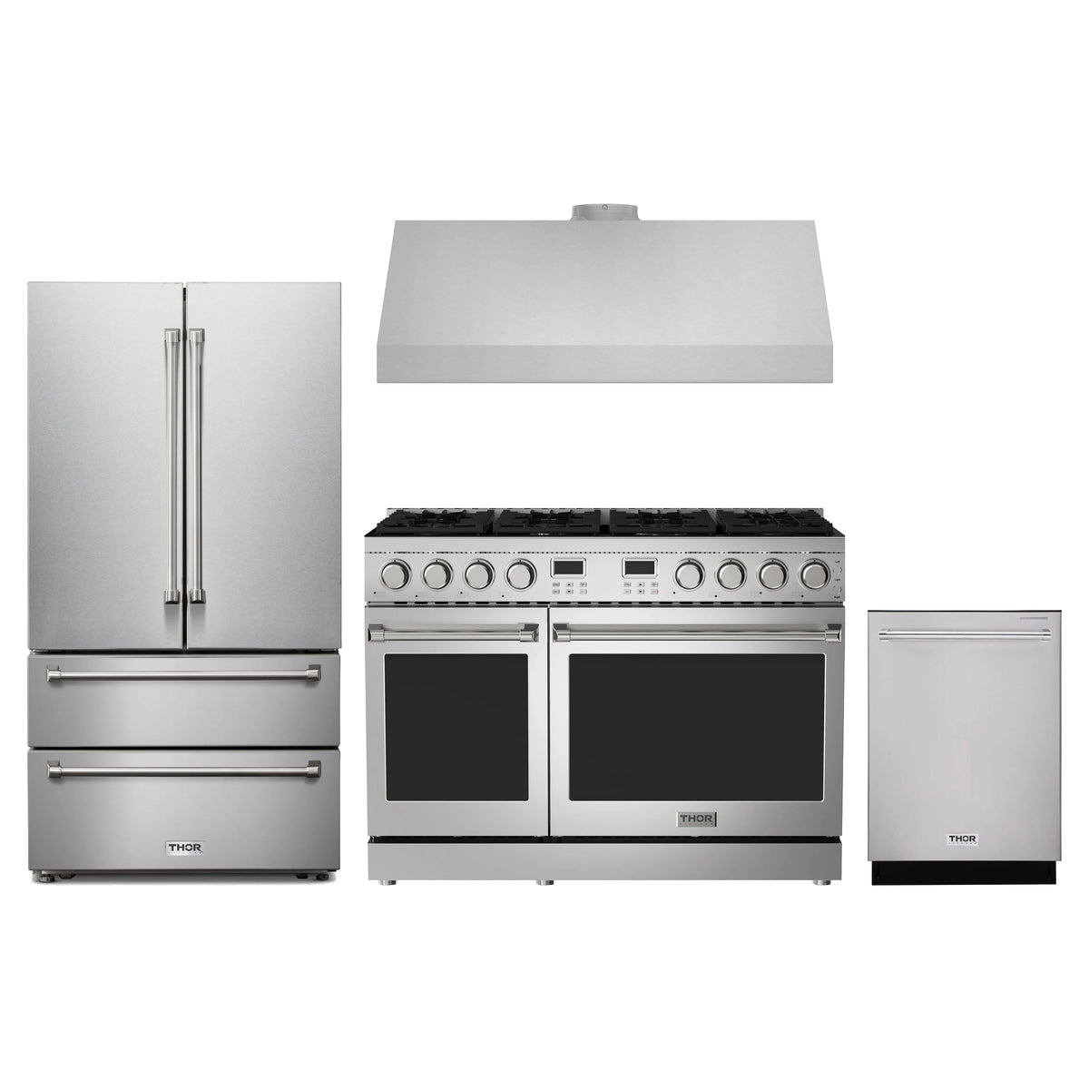 Thor Kitchen 4-Piece Appliance Package - 48-Inch Propane Gas Range, French Door Refrigerator, Under Cabinet Hood, & Dishwasher in Stainless Steel