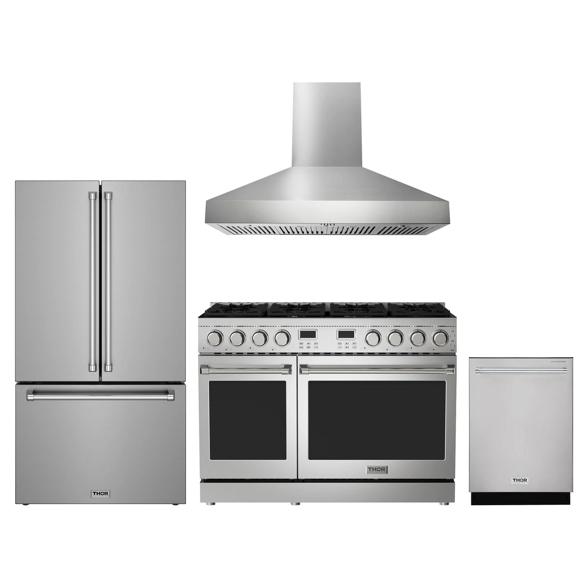 Thor Kitchen 4-Piece Appliance Package - 48-Inch Propane Gas Range, Counter-Depth Refrigerator, Wall Mount Hood, & Dishwasher in Stainless Steel