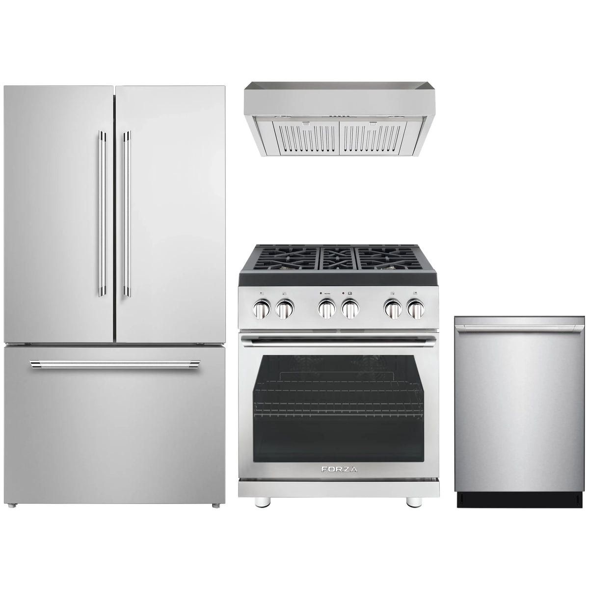 Stainless steel appliance bundle with refrigerator, gas range, range hood, and dishwasher