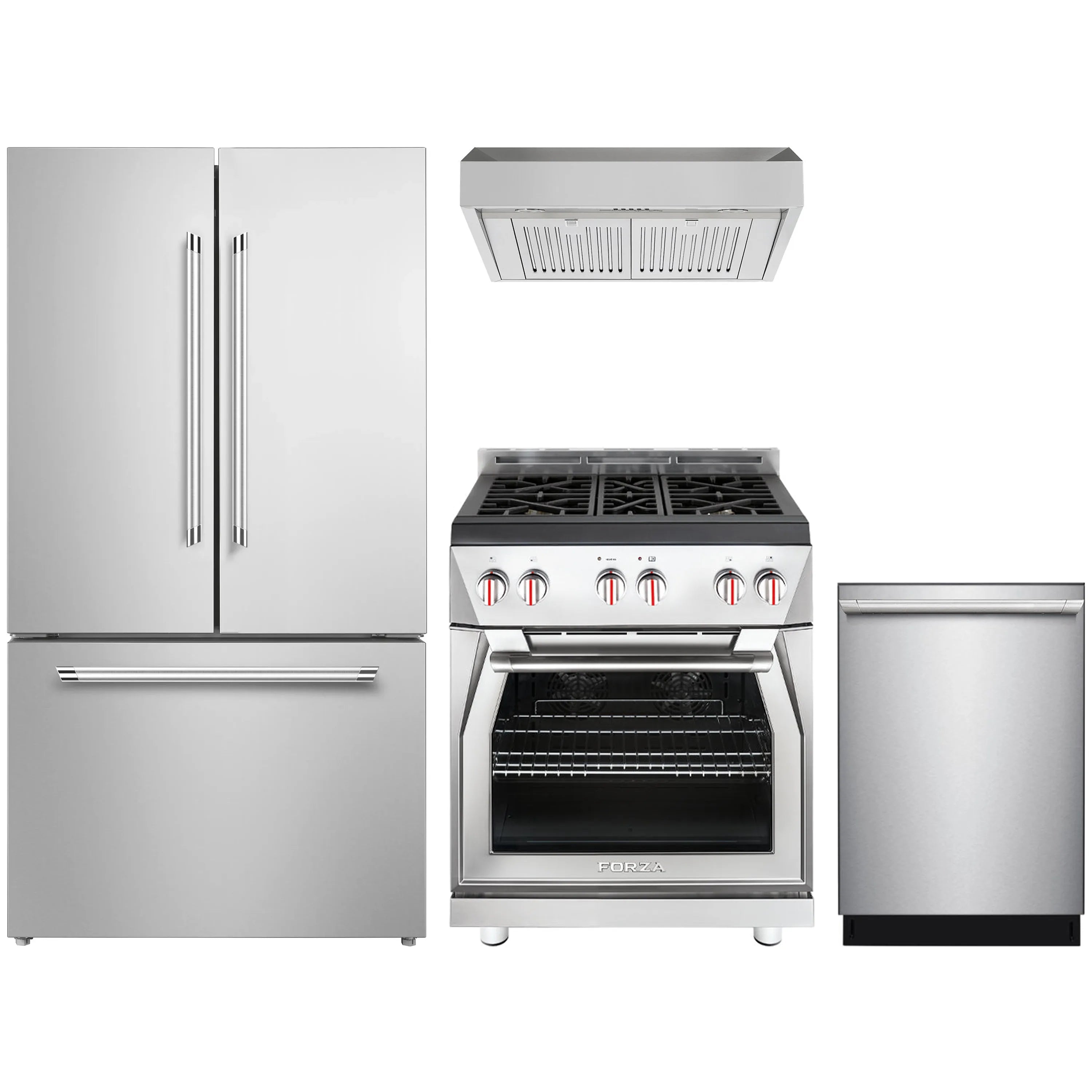4-piece kitchen appliance package: stainless gas range, hood, dishwasher, and refrigerator