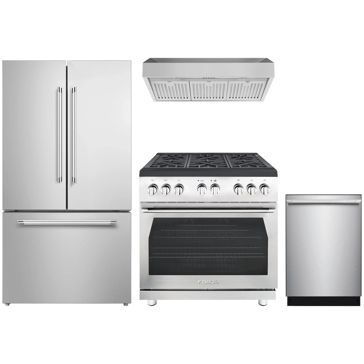 Stainless appliance package with gas range, under-cabinet hood, refrigerator, and dishwasher