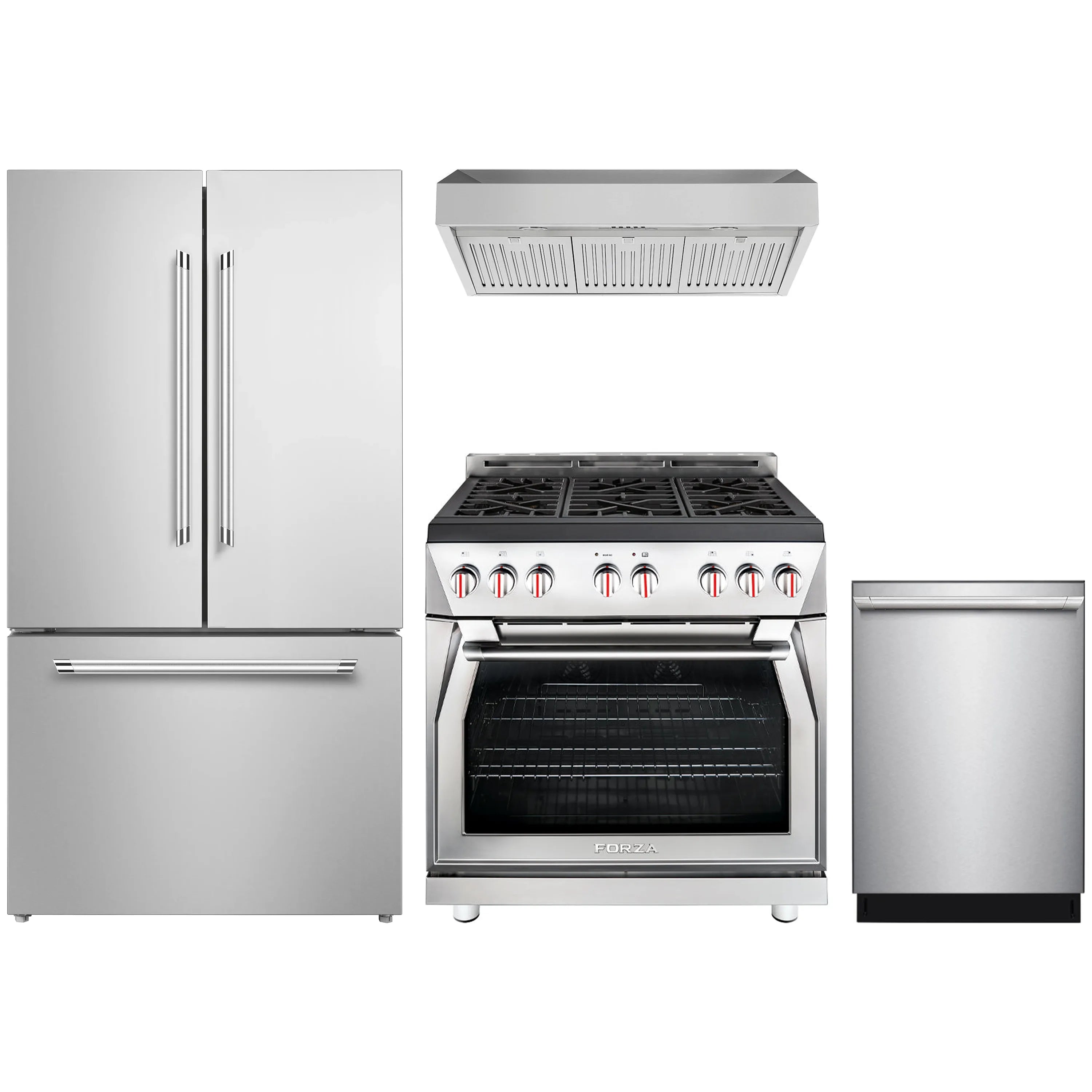 Stainless steel gas range with under-cabinet hood, dishwasher, and refrigerator in one package