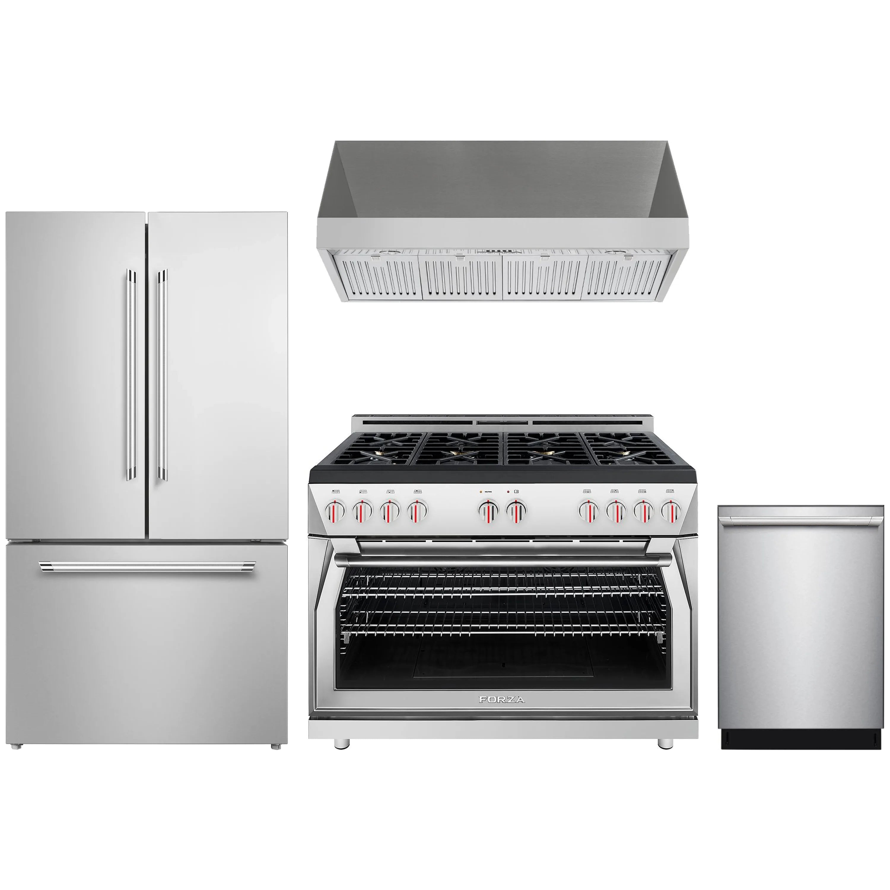 Stainless 4-piece appliance package: gas range with hood, refrigerator, and dishwasher
