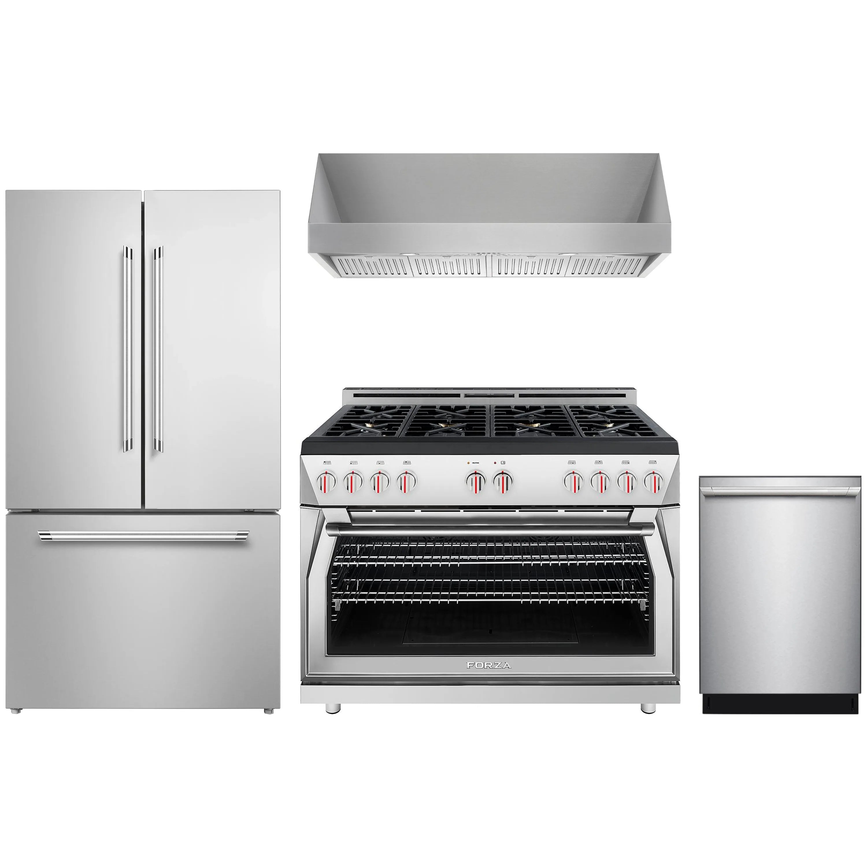Stainless steel appliance package: gas range with hood, refrigerator, dishwasher.