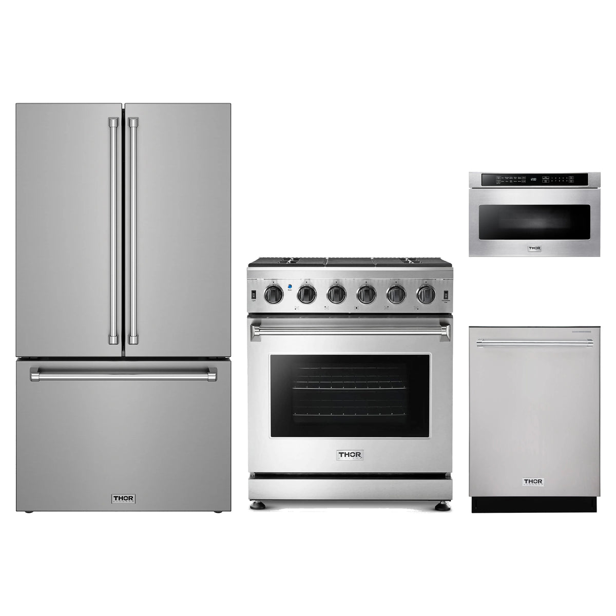 Thor Kitchen 4-Piece Appliance Package - 30-Inch Natural Gas Range, Counter-Depth Refrigerator, Dishwasher, & Microwave Drawer in Stainless Steel