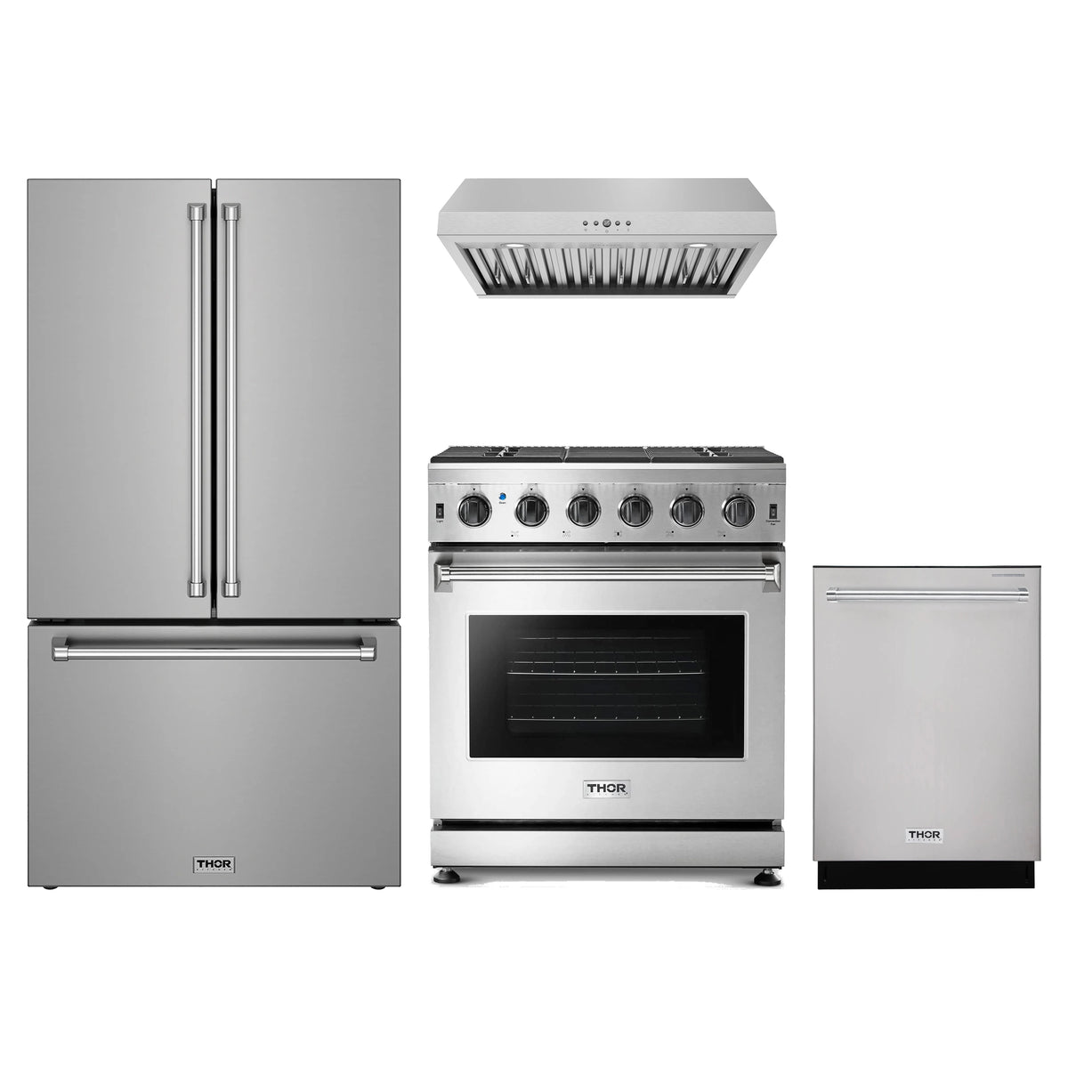 Thor Kitchen 4-Piece Appliance Package - 30-Inch Natural Gas Range, Counter-Depth Refrigerator, Under Cabinet Hood, & Dishwasher in Stainless Steel