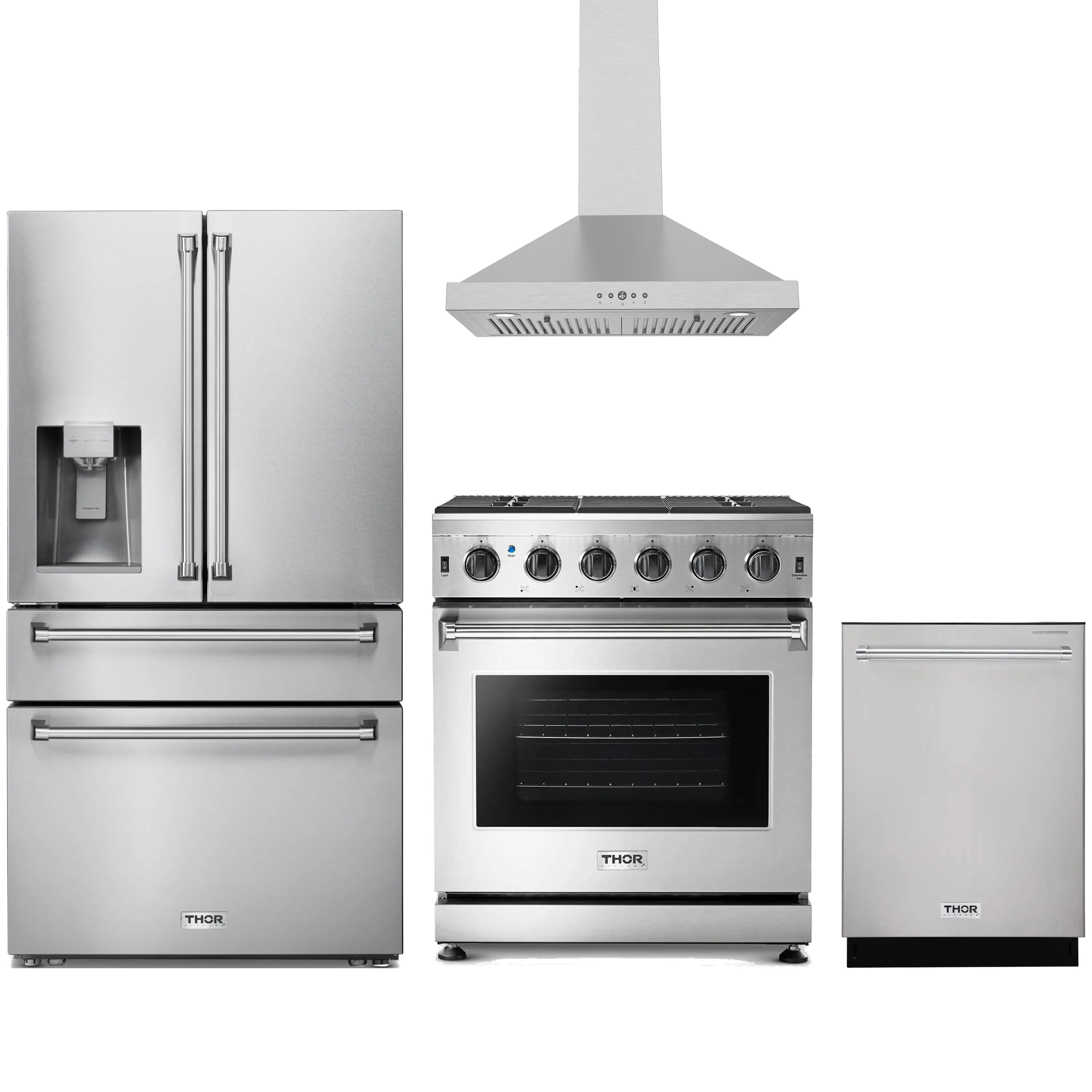 Stainless steel Thor Kitchen appliance package with 30-inch range, range hood, refrigerator with water dispenser, dishwasher