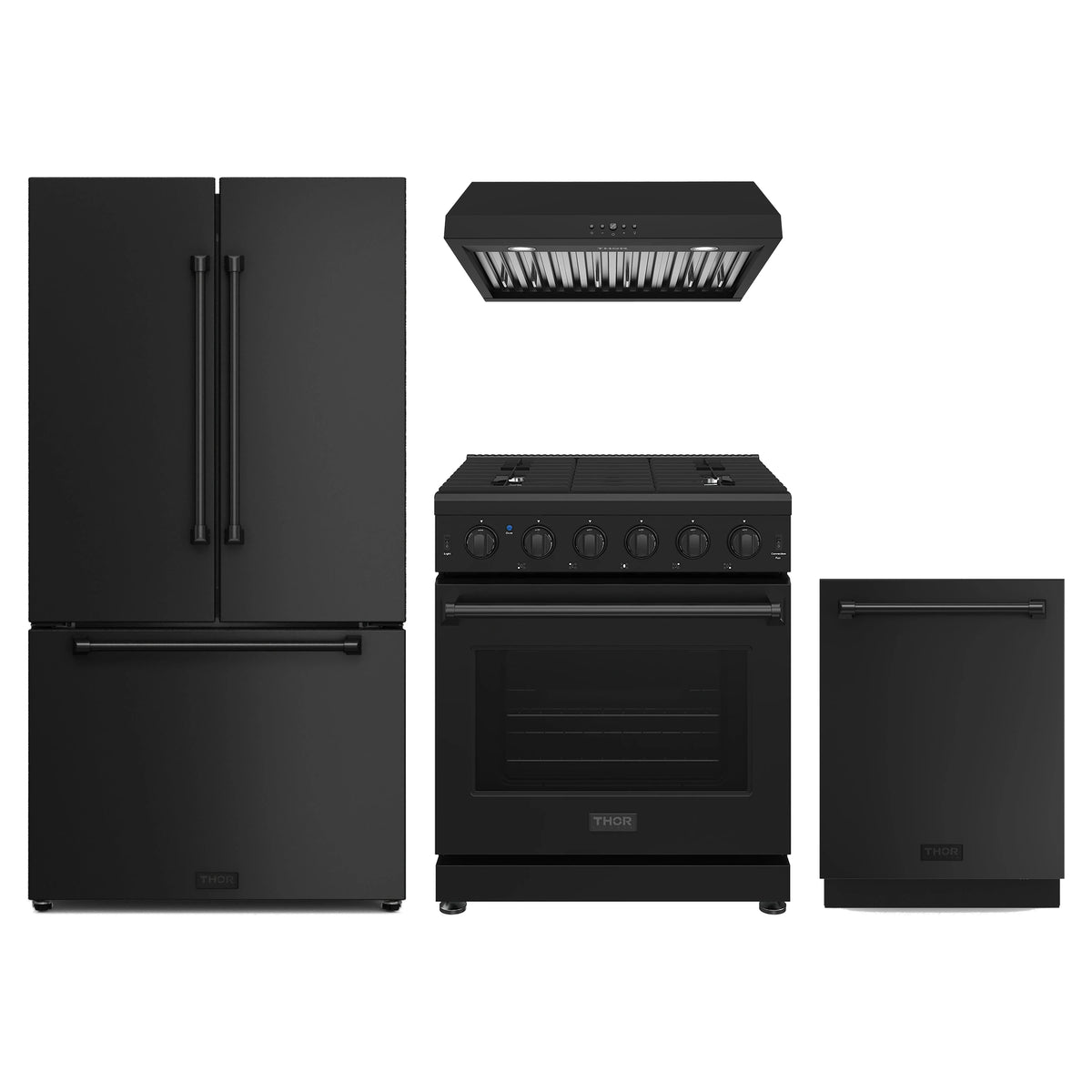 Thor Kitchen 4-Piece Appliance Package - 30-Inch Propane Gas Range, Counter-Depth Refrigerator, Under Cabinet Hood, & Dishwasher in Black