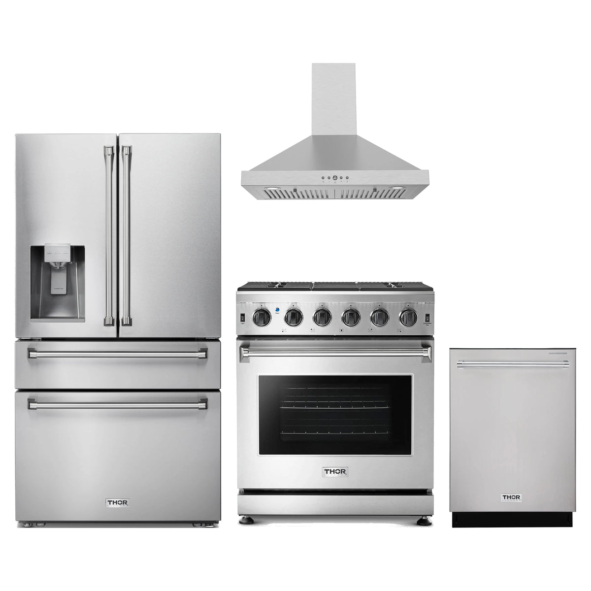 Thor Kitchen 4-Piece Appliance Package - 30-Inch Propane Gas Range, Refrigerator with Water Dispenser, Wall Mount Hood, & Dishwasher in Stainless Steel