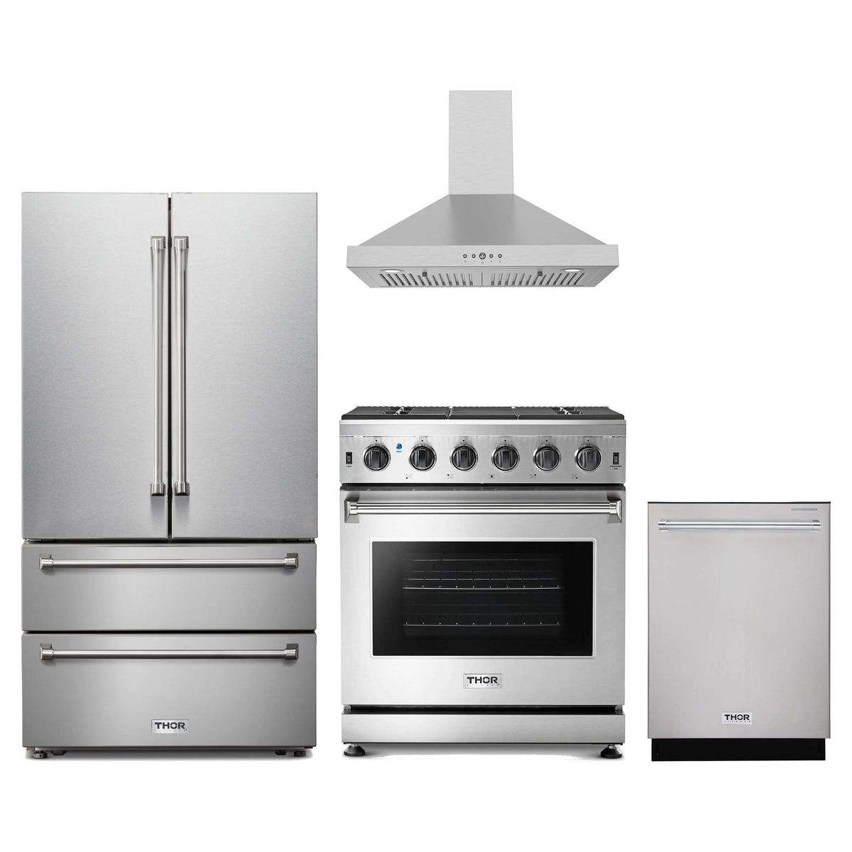 Thor Kitchen 4-Piece Appliance Package - 30-Inch Propane Gas Range, French Door Refrigerator, Wall Mount Hood, & Dishwasher in Stainless Steel
