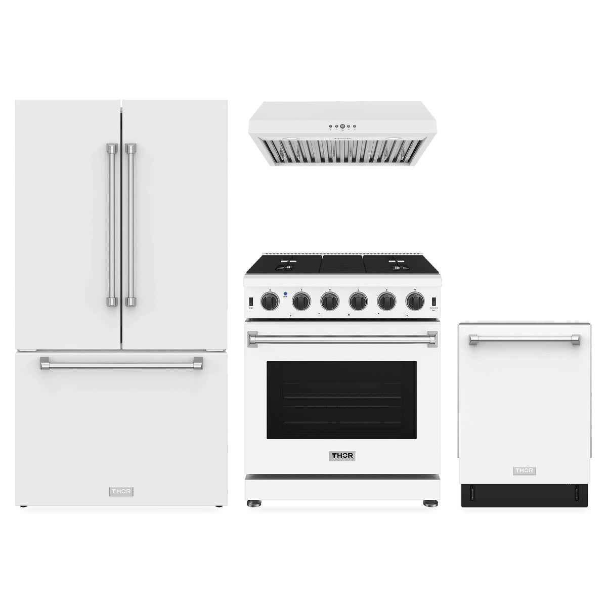 Thor Kitchen 4-Piece Appliance Package - 30-Inch Natural Gas Range, Counter-Depth Refrigerator, Under Cabinet Hood, & Dishwasher in White